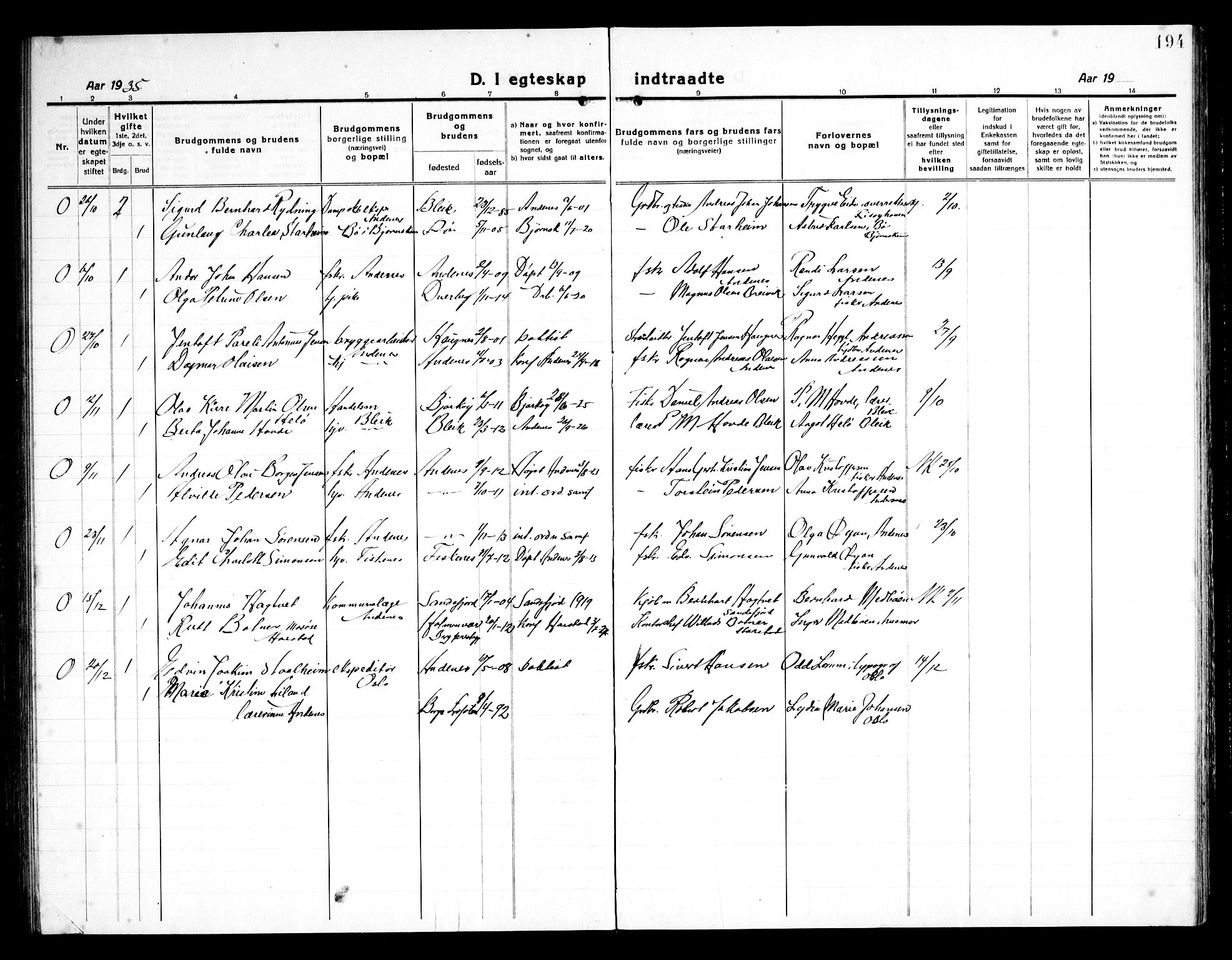 Ministerialprotokoller, klokkerbøker og fødselsregistre - Nordland, AV/SAT-A-1459/899/L1450: Klokkerbok nr. 899C05, 1918-1945, s. 194