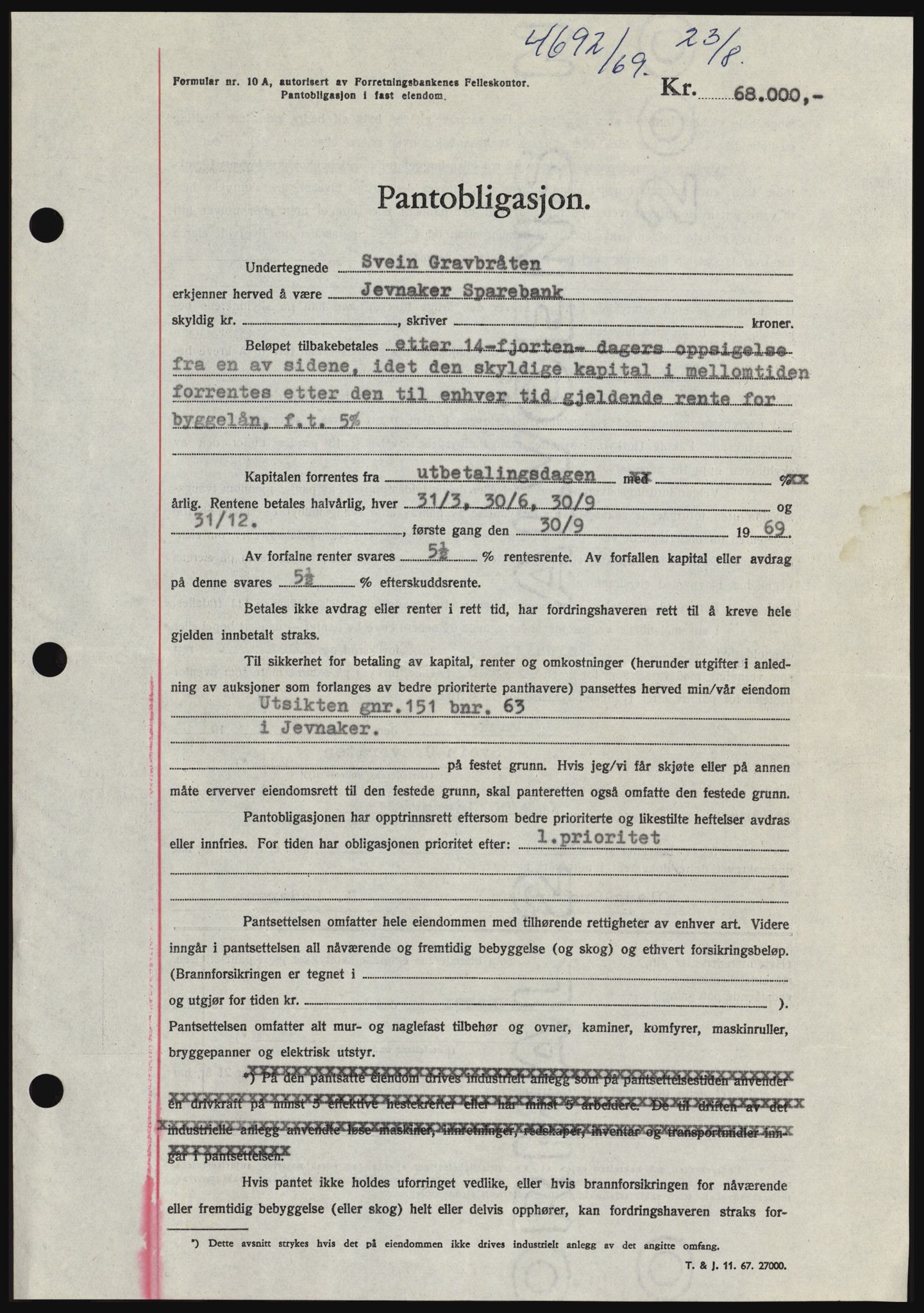 Hadeland og Land tingrett, SAH/TING-010/H/Hb/Hbc/L0074: Pantebok nr. B74, 1969-1969, Dagboknr: 4692/1969