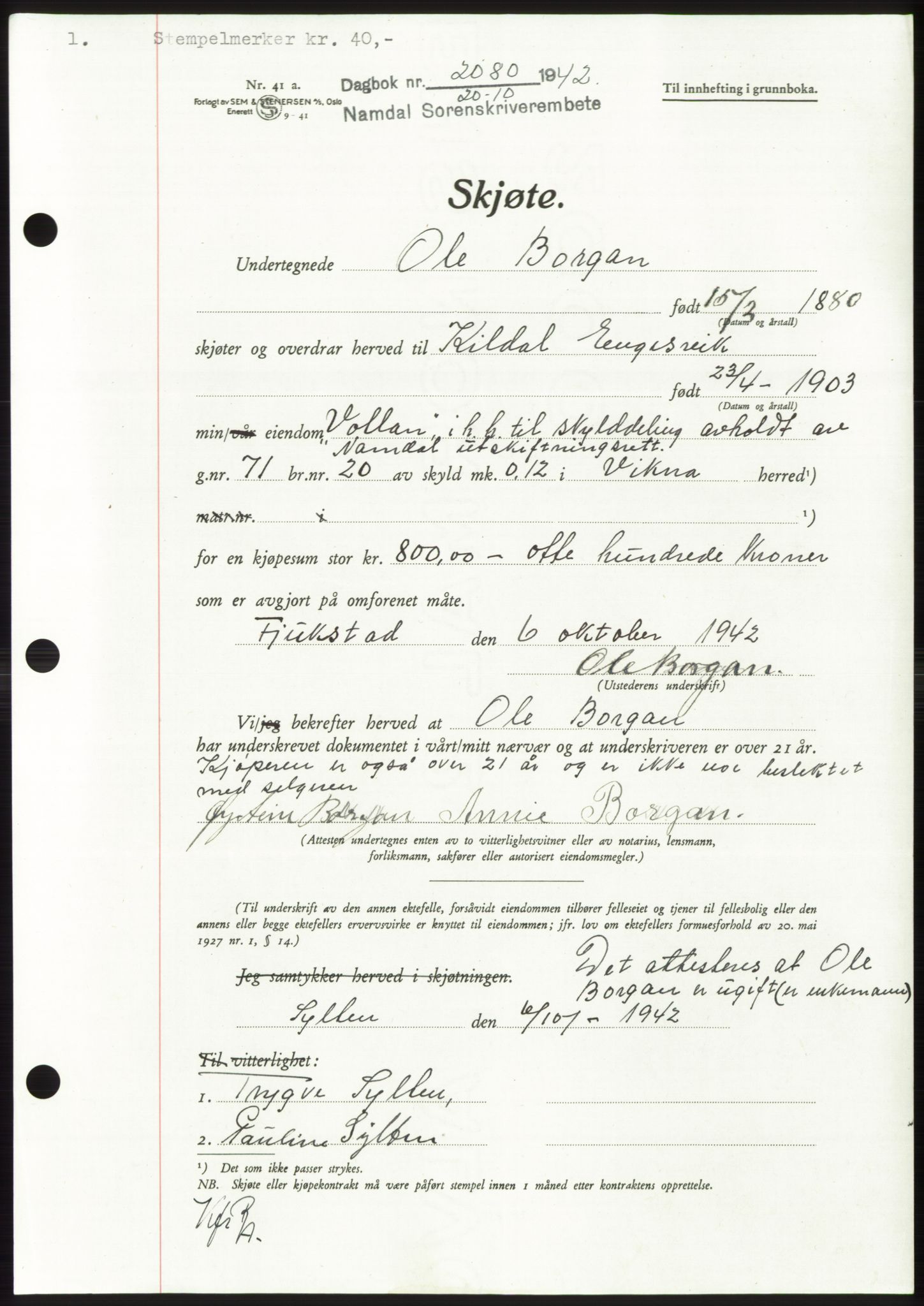 Namdal sorenskriveri, SAT/A-4133/1/2/2C: Pantebok nr. -, 1942-1943, Dagboknr: 2080/1942