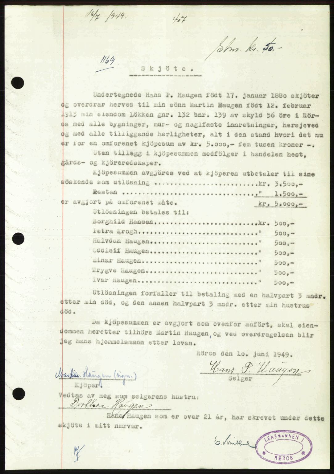 Gauldal sorenskriveri, SAT/A-0014/1/2/2C: Pantebok nr. A8, 1949-1949, Dagboknr: 1169/1949