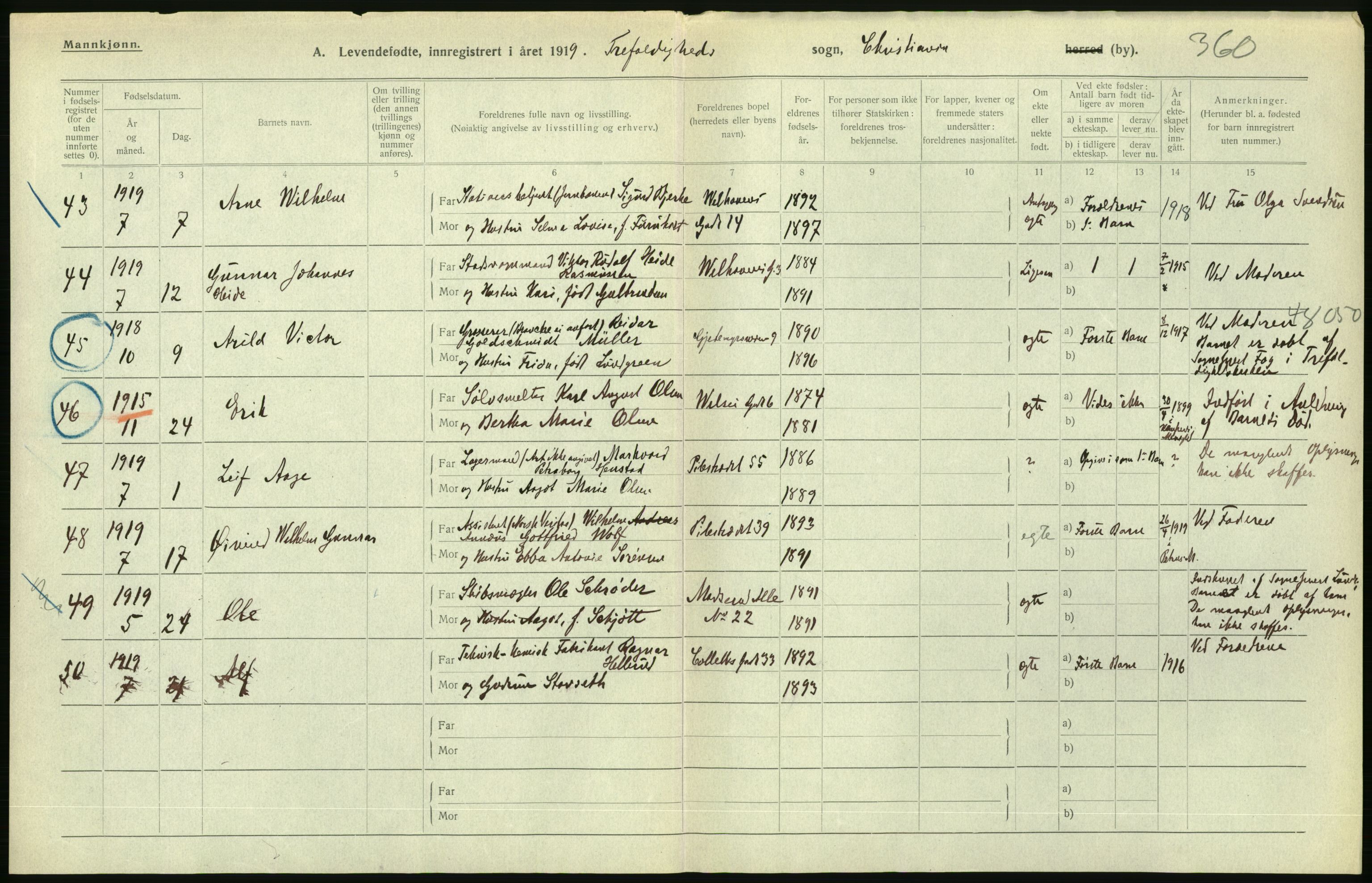 Statistisk sentralbyrå, Sosiodemografiske emner, Befolkning, AV/RA-S-2228/D/Df/Dfb/Dfbi/L0007: Kristiania: Levendefødte menn og kvinner., 1919, s. 332