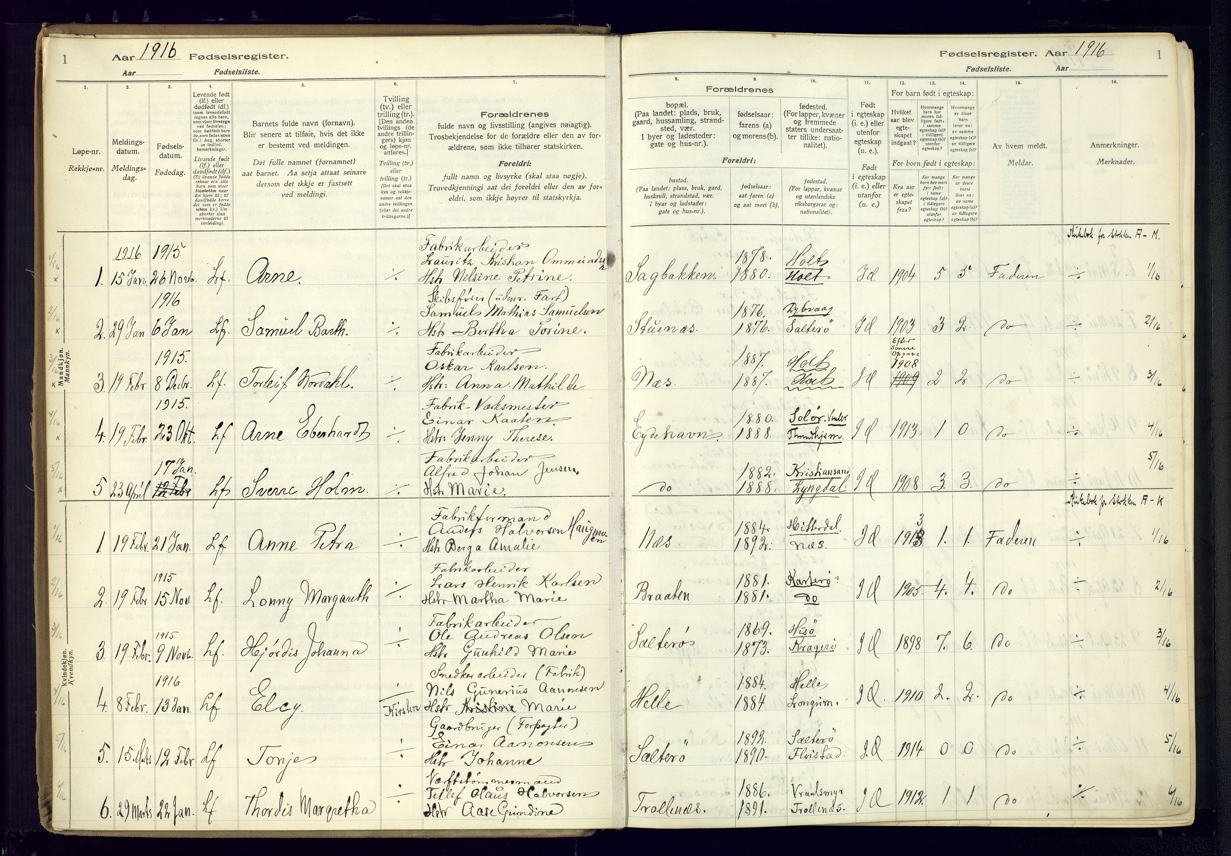 Austre Moland sokneprestkontor, AV/SAK-1111-0001/J/Ja/L0003: Fødselsregister nr. A-VI-27, 1916-1950, s. 1