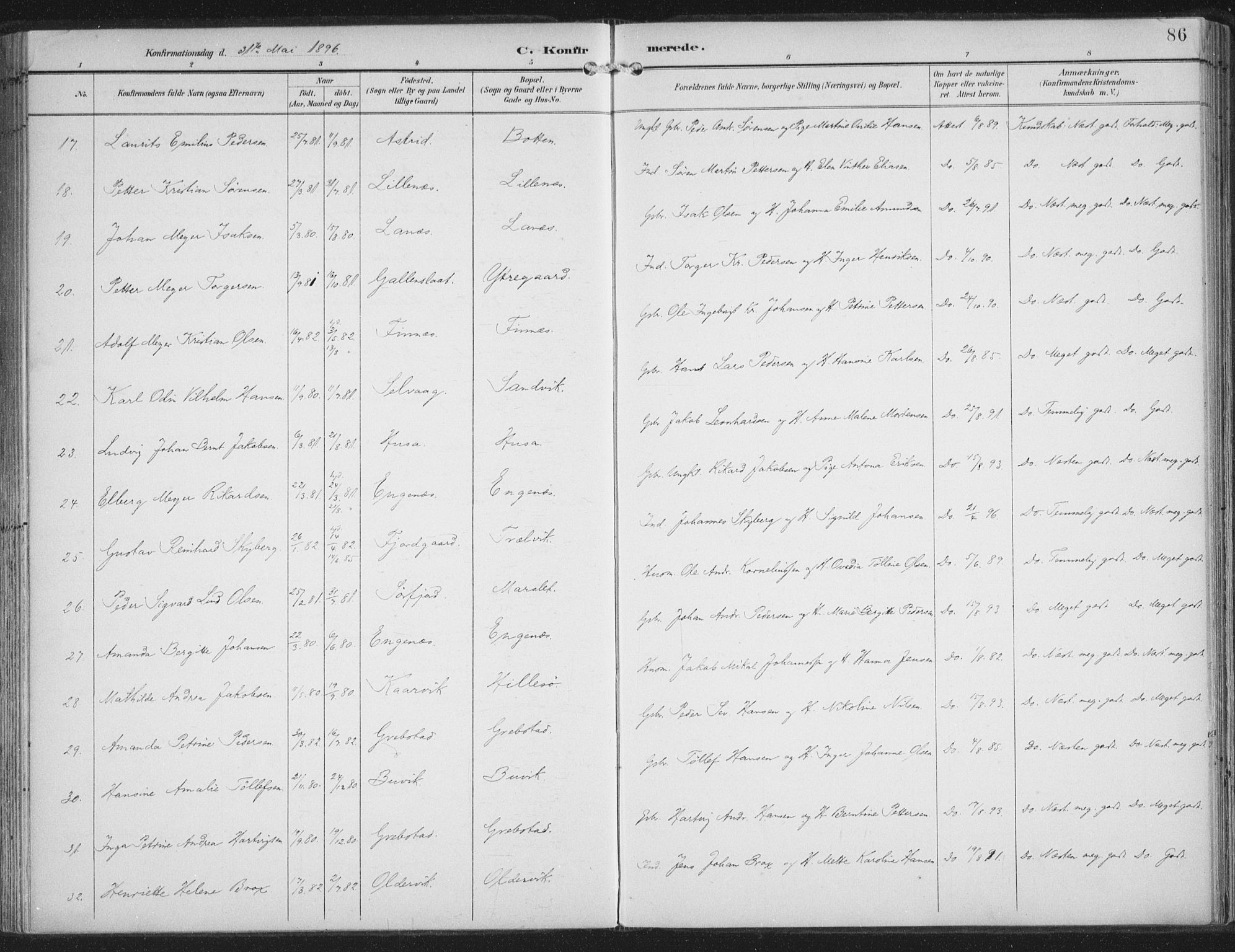 Lenvik sokneprestembete, AV/SATØ-S-1310/H/Ha/Haa/L0015kirke: Ministerialbok nr. 15, 1896-1915, s. 86