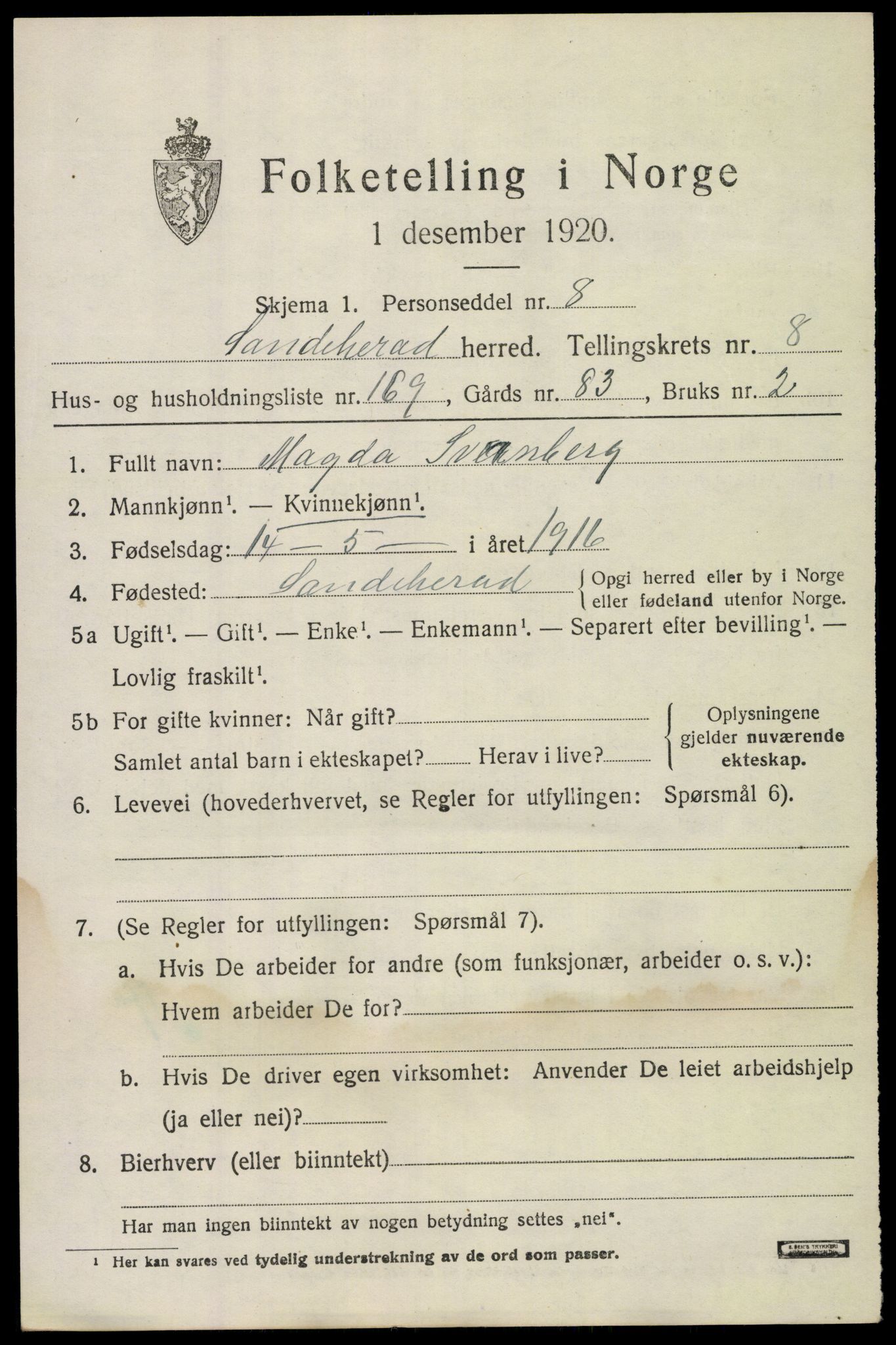 SAKO, Folketelling 1920 for 0724 Sandeherred herred, 1920, s. 14268
