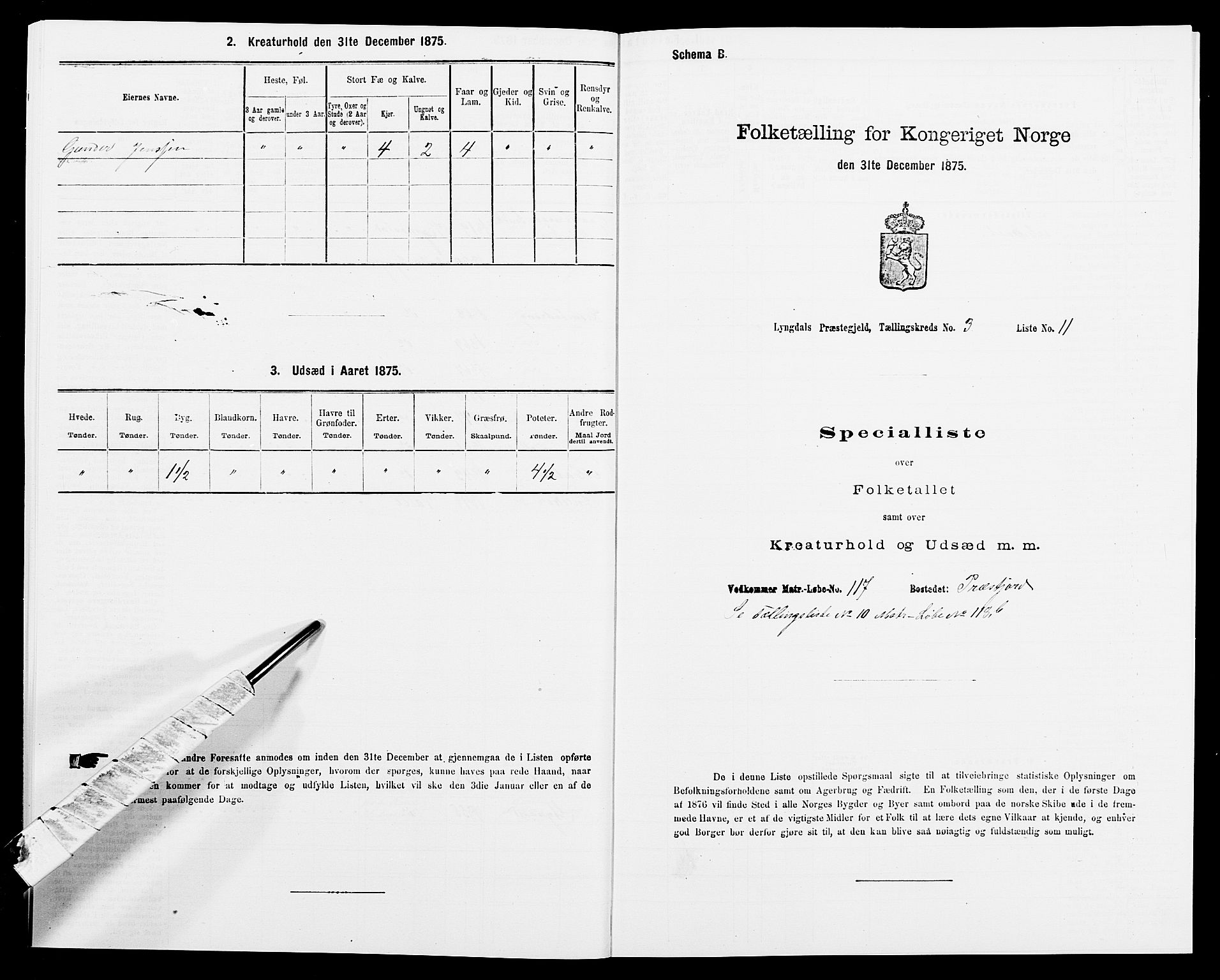 SAK, Folketelling 1875 for 1032P Lyngdal prestegjeld, 1875, s. 497