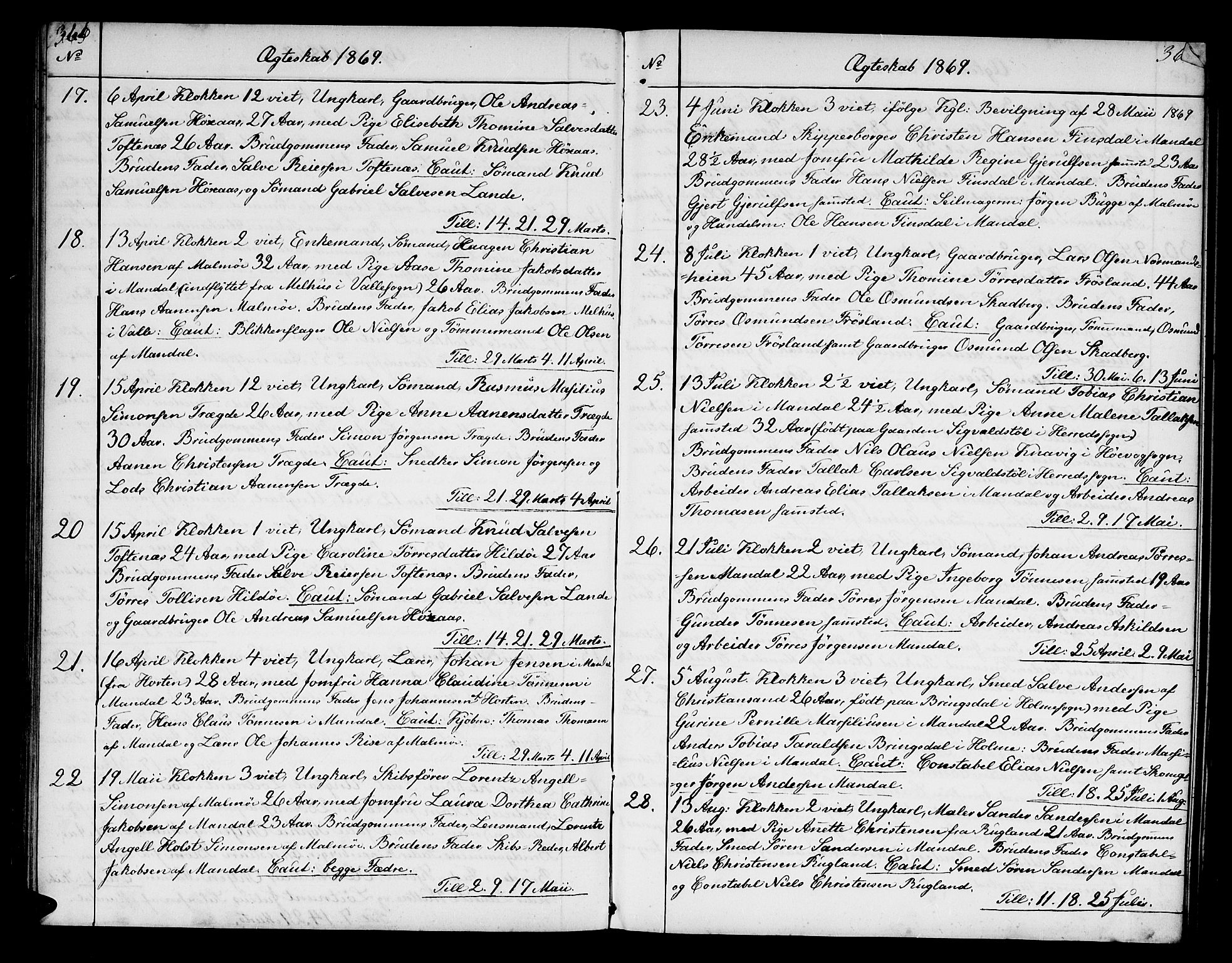 Mandal sokneprestkontor, AV/SAK-1111-0030/F/Fb/Fba/L0009: Klokkerbok nr. B 3, 1867-1877, s. 366-367