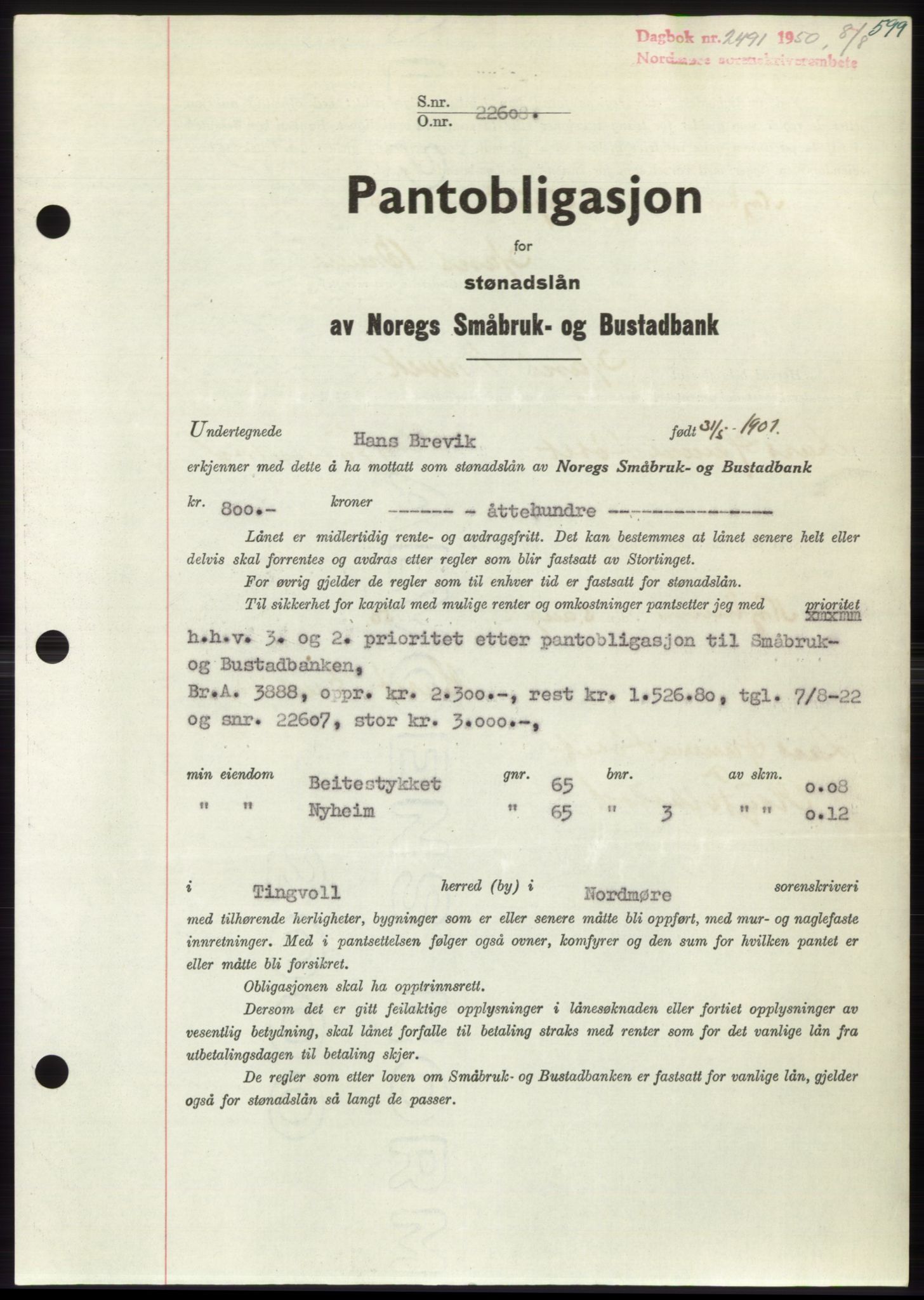 Nordmøre sorenskriveri, AV/SAT-A-4132/1/2/2Ca: Pantebok nr. B105, 1950-1950, Dagboknr: 2491/1950