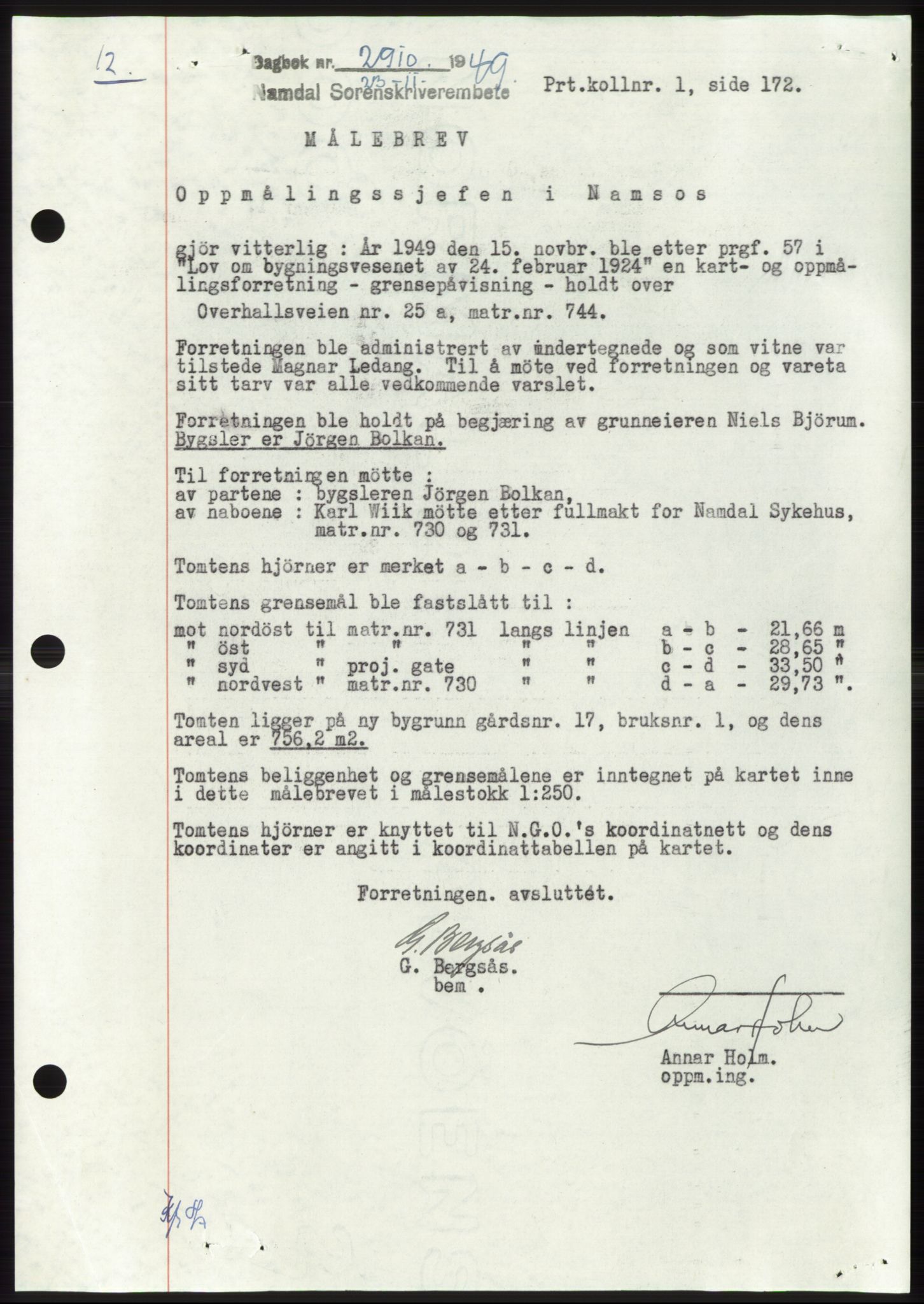 Namdal sorenskriveri, SAT/A-4133/1/2/2C: Pantebok nr. -, 1949-1949, Dagboknr: 2910/1949