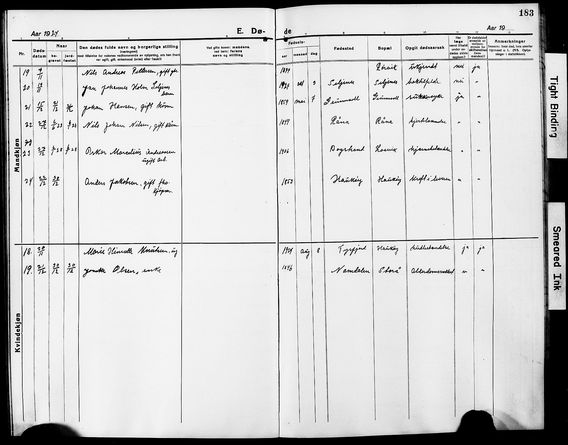 Ministerialprotokoller, klokkerbøker og fødselsregistre - Nordland, AV/SAT-A-1459/861/L0878: Klokkerbok nr. 861C04, 1917-1928, s. 183