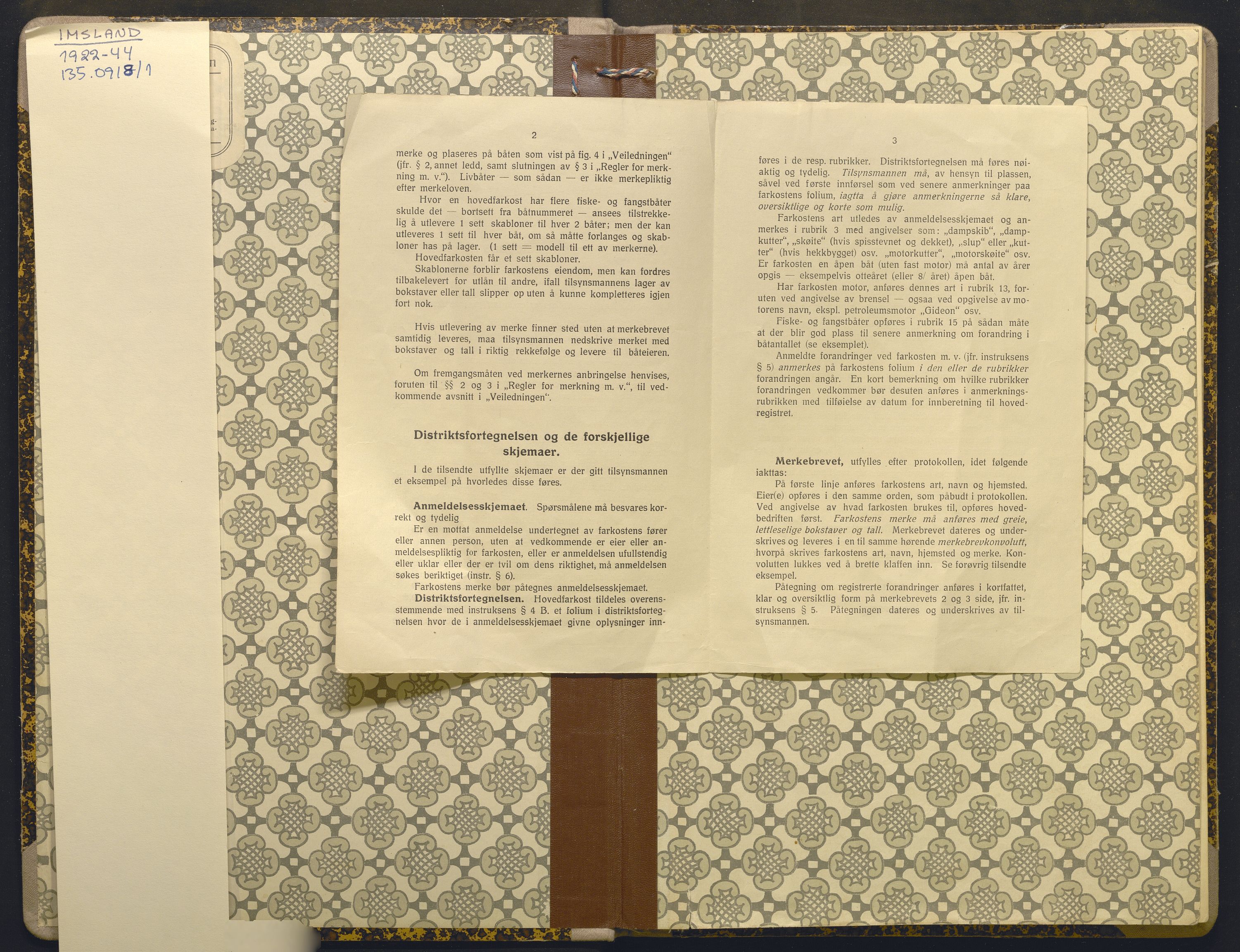 Fiskeridirektoratet - 1 Adm. ledelse - 13 Båtkontoret, AV/SAB-A-2003/I/Ia/Iai/L0046: 135.0918/1 Merkeprotokoll - Imsland, 1922-1944