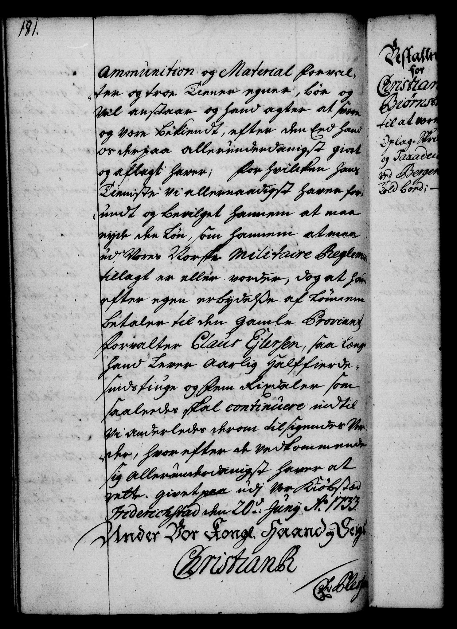 Rentekammeret, Kammerkanselliet, RA/EA-3111/G/Gg/Gge/L0002: Norsk bestallingsprotokoll med register (merket RK 53.26), 1730-1744, s. 181