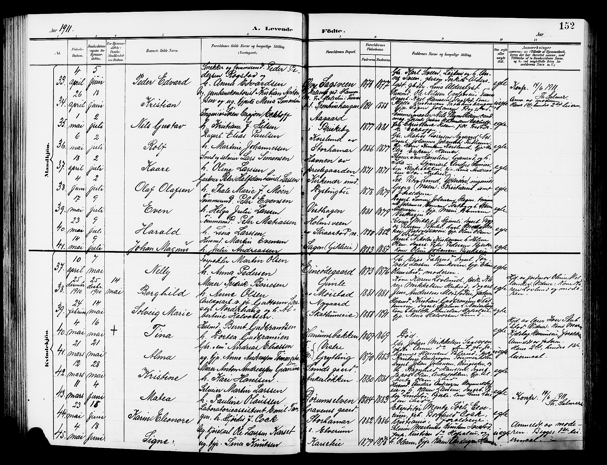 Vang prestekontor, Hedmark, AV/SAH-PREST-008/H/Ha/Hab/L0014: Klokkerbok nr. 14, 1896-1914, s. 152