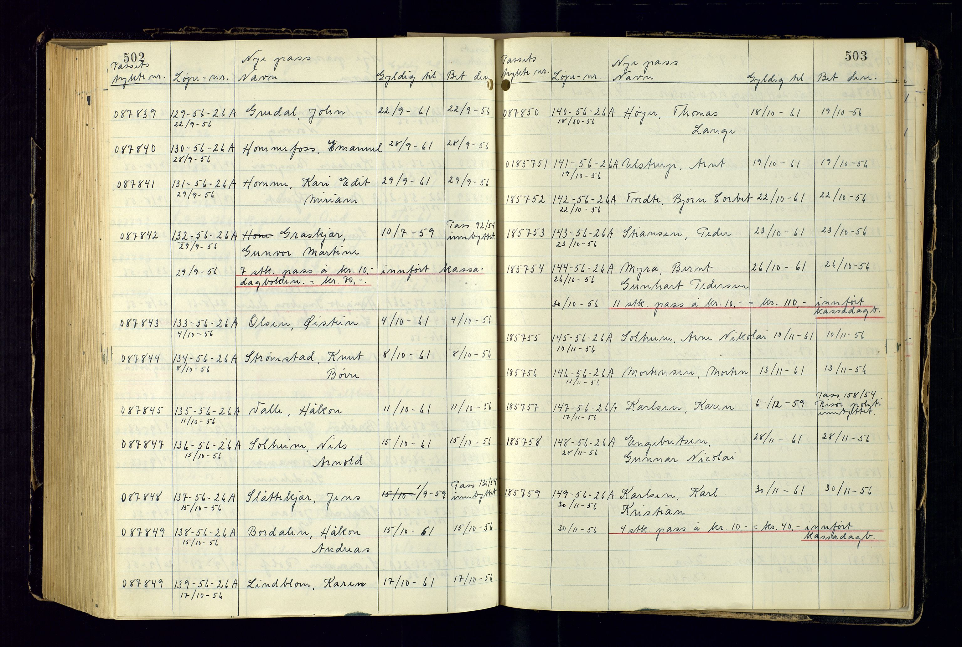 Risør politistasjon, AV/SAK-1243-0006/K/Ka/L0001/0002: Passprotokoller / Passprotokoll, 1946-1963, s. 502-503