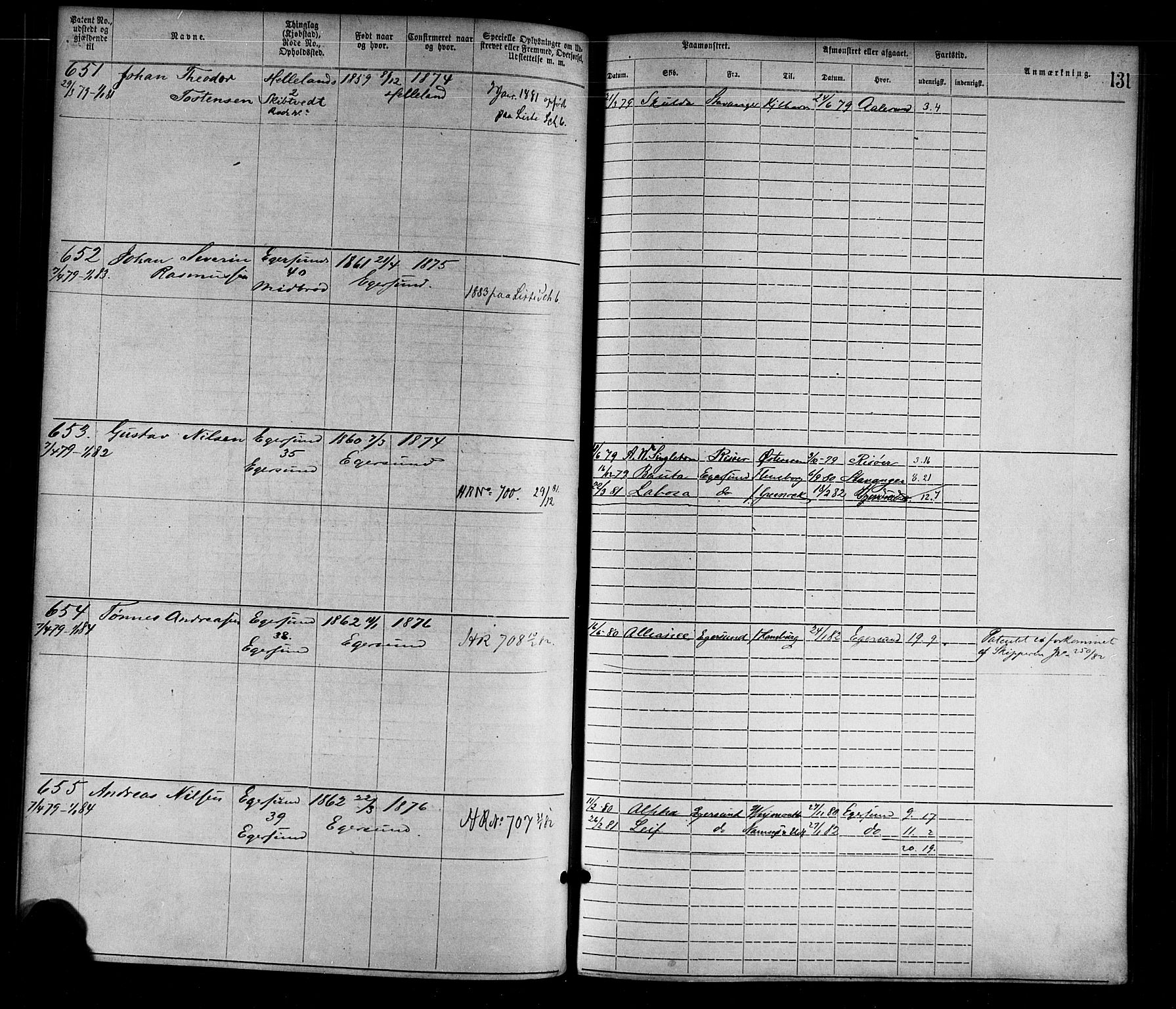 Egersund mønstringskrets, SAK/2031-0019/F/Fa/L0001: Annotasjonsrulle nr 1-1440 med register, O-1, 1869-1895, s. 148