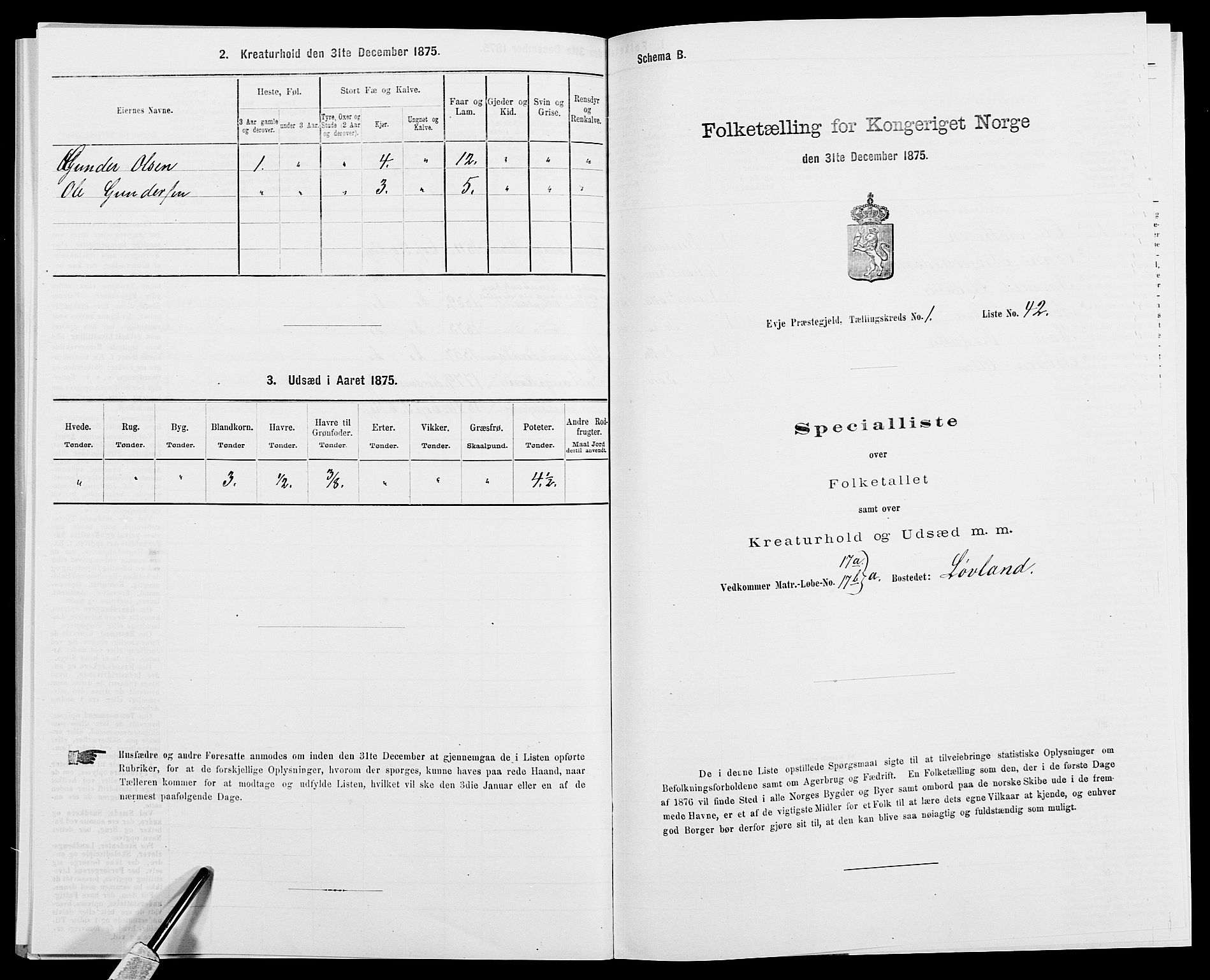 SAK, Folketelling 1875 for 0934P Evje prestegjeld, 1875, s. 107