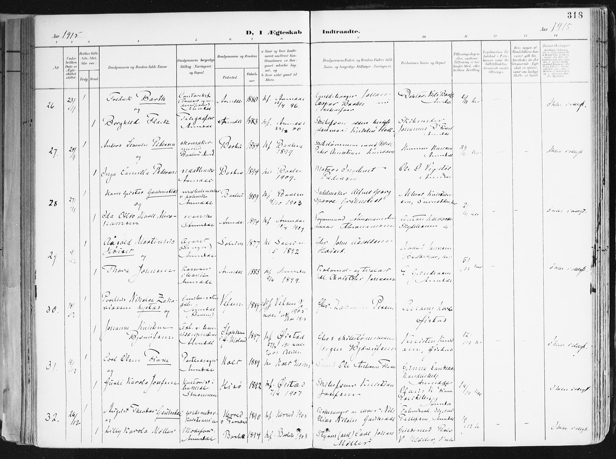Arendal sokneprestkontor, Trefoldighet, AV/SAK-1111-0040/F/Fa/L0010: Ministerialbok nr. A 10, 1900-1919, s. 318