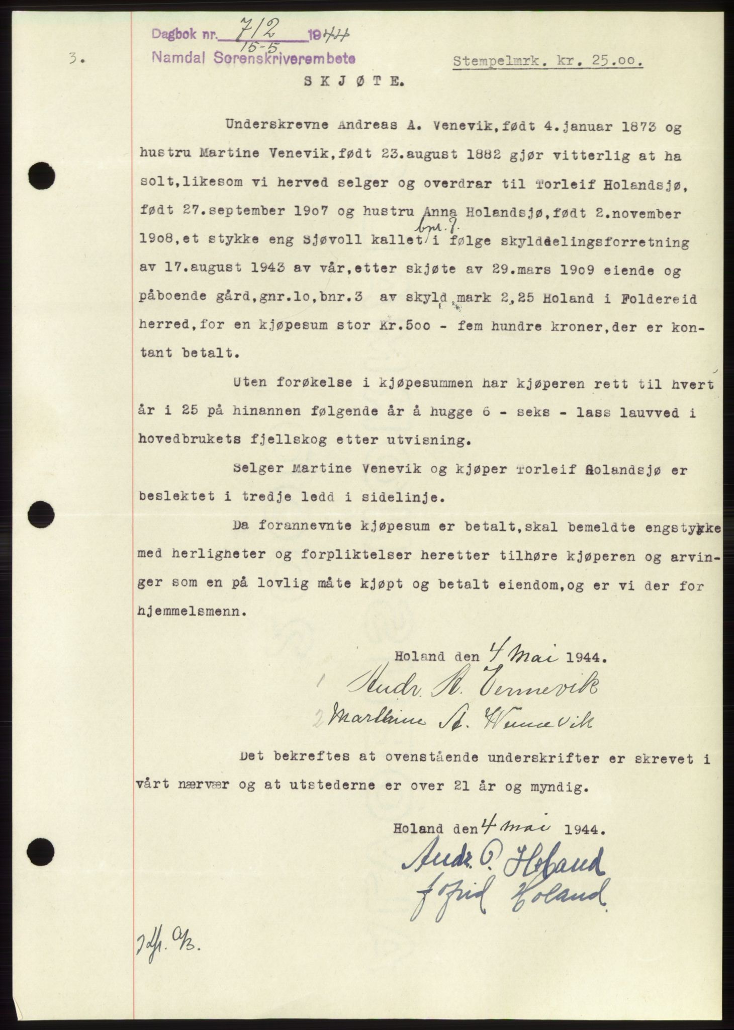 Namdal sorenskriveri, SAT/A-4133/1/2/2C: Pantebok nr. -, 1944-1945, Dagboknr: 712/1944