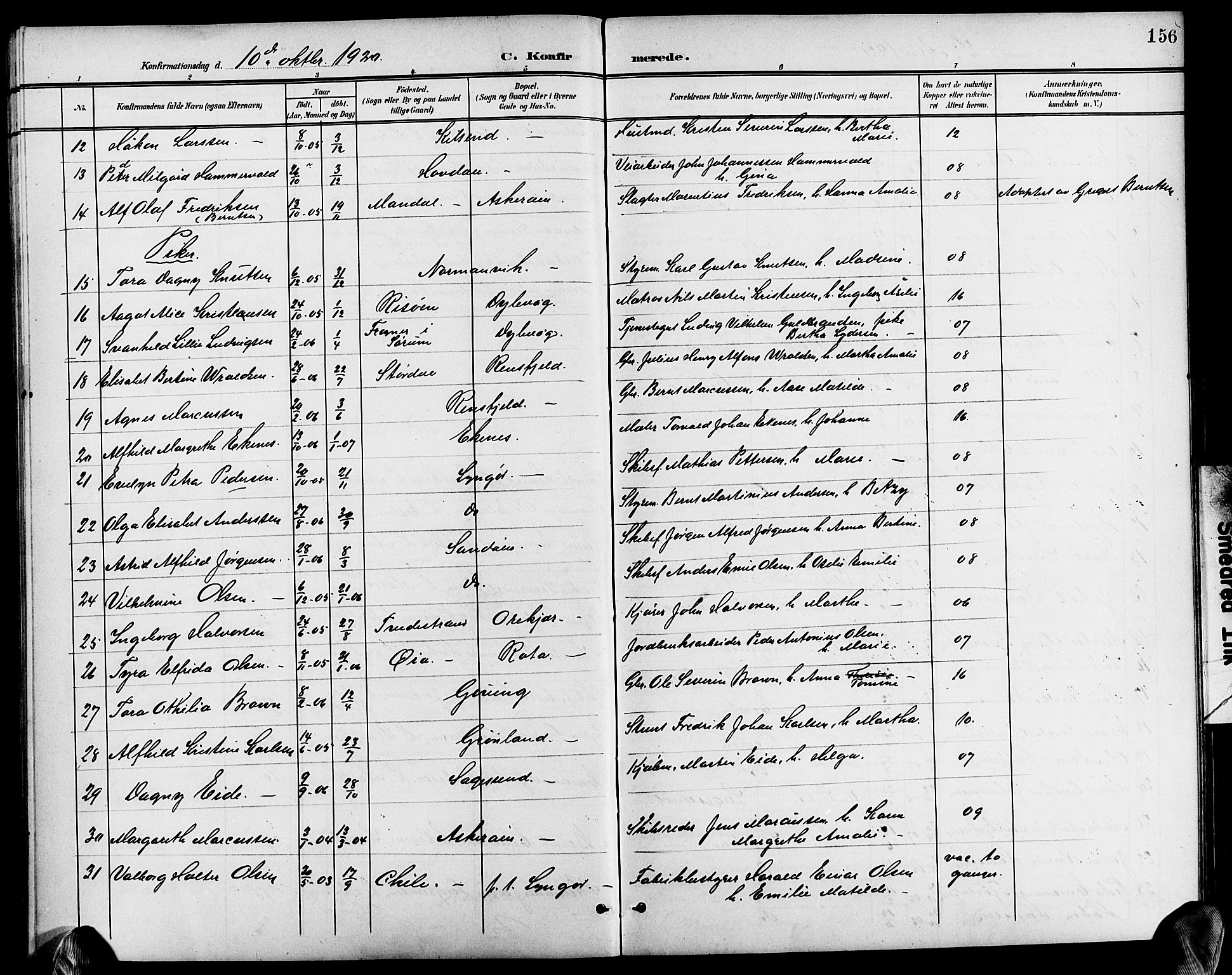 Dypvåg sokneprestkontor, AV/SAK-1111-0007/F/Fb/Fba/L0014: Klokkerbok nr. B 14, 1901-1922, s. 156