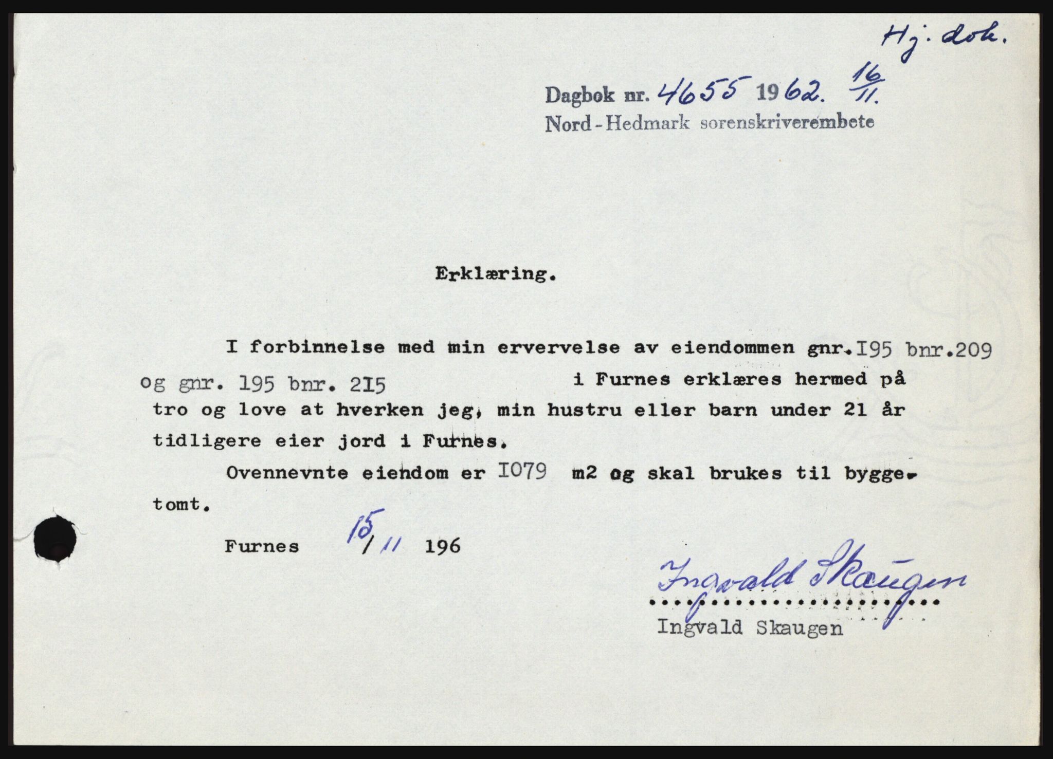 Nord-Hedmark sorenskriveri, SAH/TING-012/H/Hc/L0017: Pantebok nr. 17, 1962-1963, Dagboknr: 4655/1962