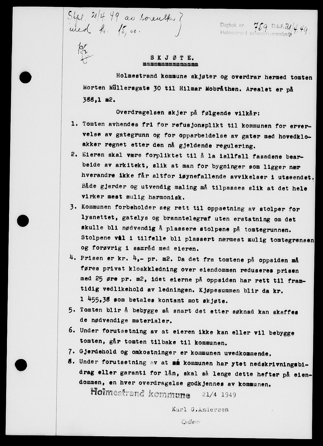 Holmestrand sorenskriveri, SAKO/A-67/G/Ga/Gaa/L0066: Pantebok nr. A-66, 1949-1949, Dagboknr: 759/1949