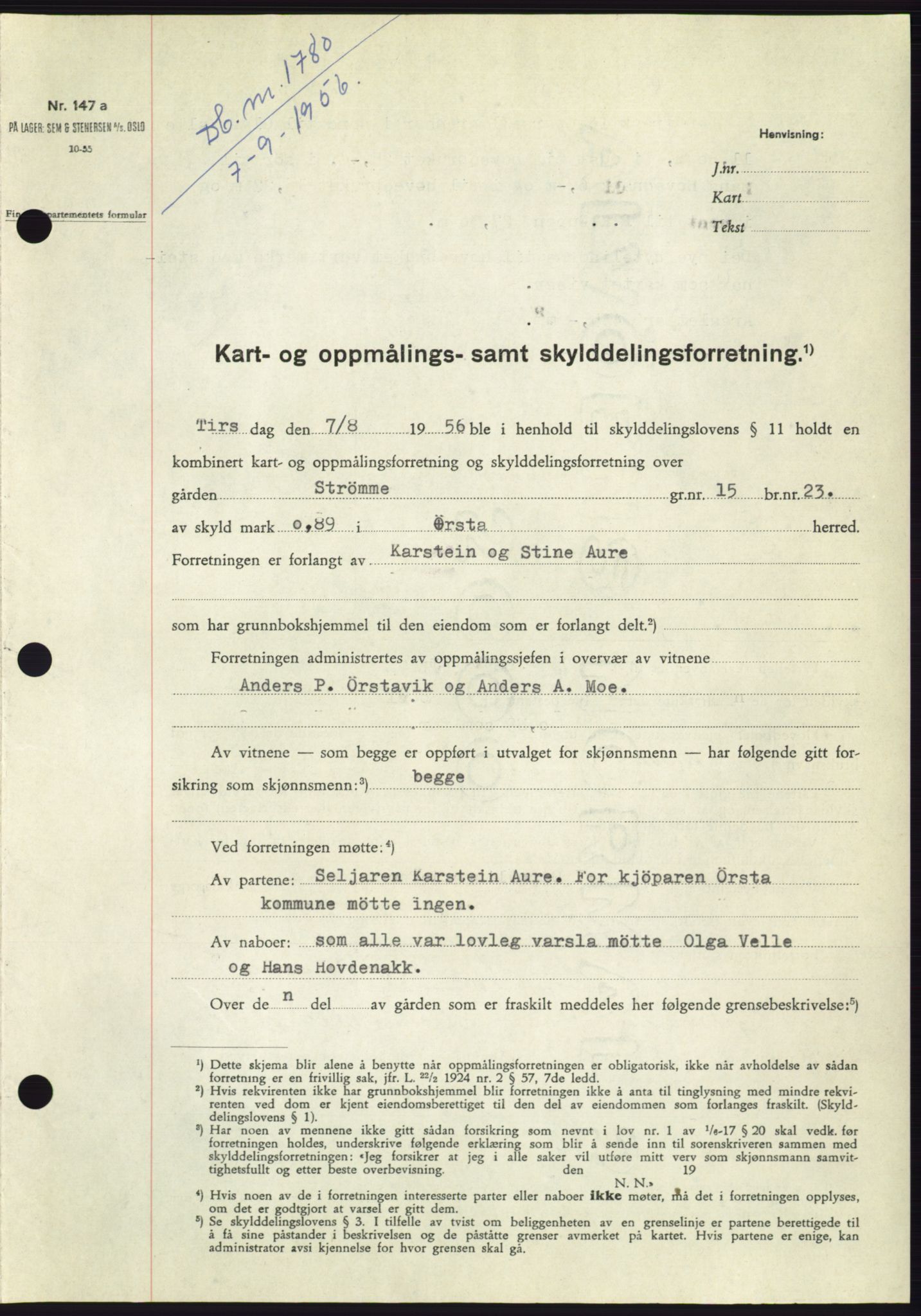 Søre Sunnmøre sorenskriveri, AV/SAT-A-4122/1/2/2C/L0104: Pantebok nr. 30A, 1956-1956, Dagboknr: 1780/1956