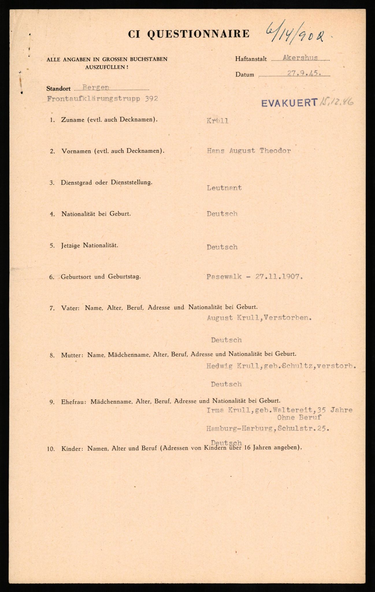 Forsvaret, Forsvarets overkommando II, AV/RA-RAFA-3915/D/Db/L0018: CI Questionaires. Tyske okkupasjonsstyrker i Norge. Tyskere., 1945-1946, s. 338