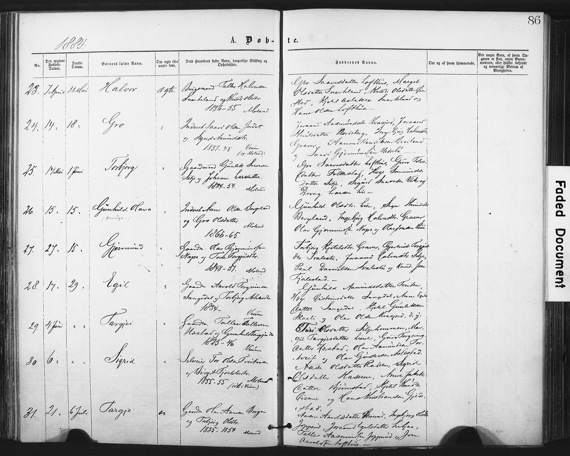 Fyresdal kirkebøker, AV/SAKO-A-263/F/Fa/L0006: Ministerialbok nr. I 6, 1872-1886, s. 86