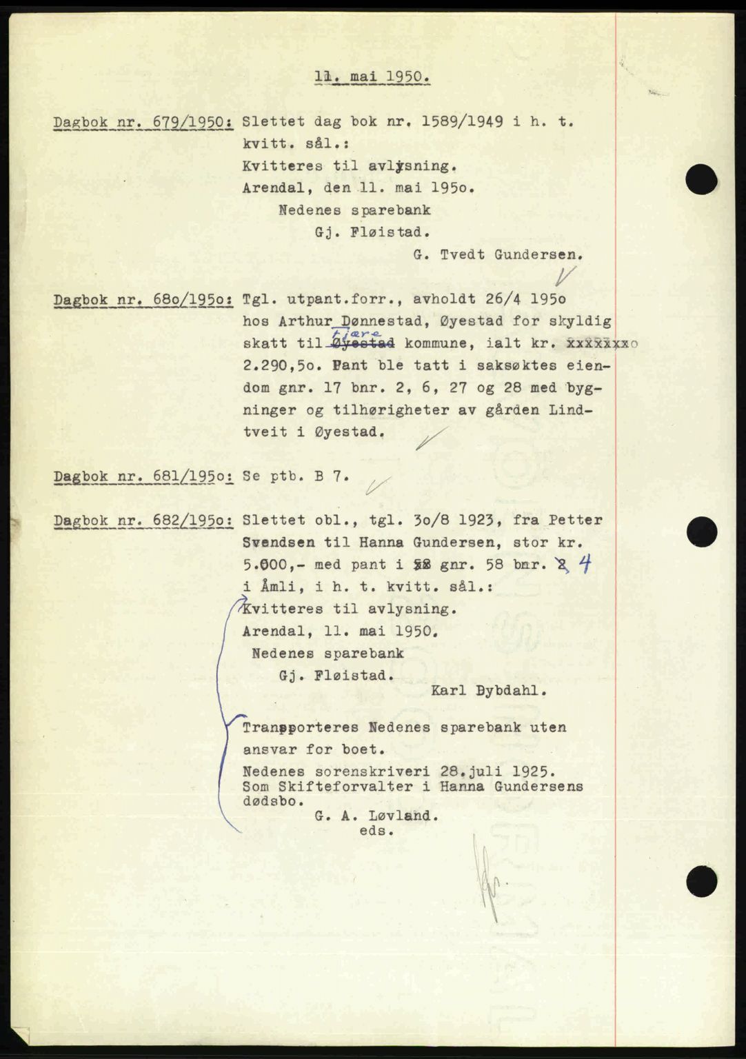 Nedenes sorenskriveri, AV/SAK-1221-0006/G/Gb/Gba/L0062: Pantebok nr. A14, 1949-1950, Dagboknr: 679/1950