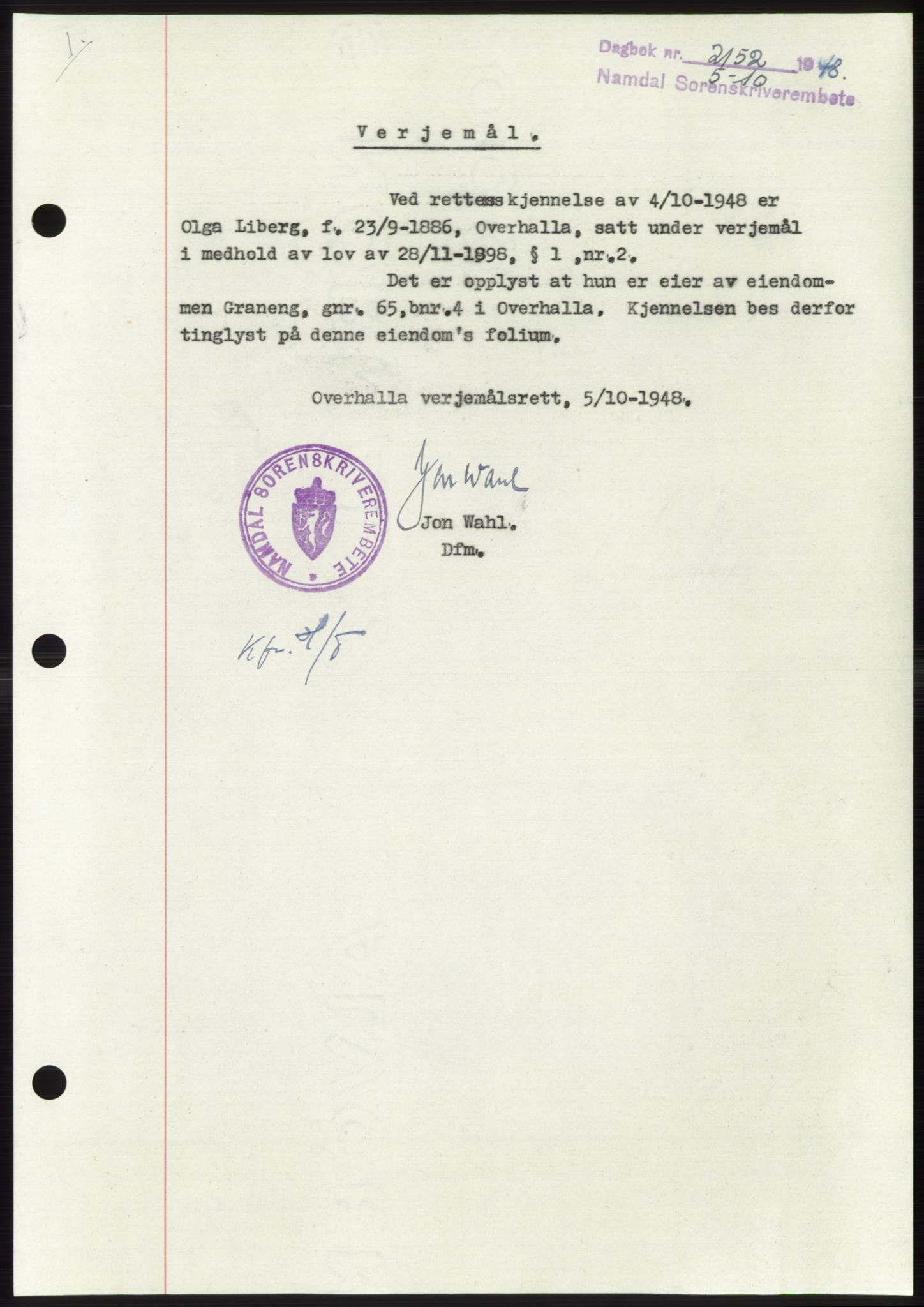 Namdal sorenskriveri, SAT/A-4133/1/2/2C: Pantebok nr. -, 1948-1948, Dagboknr: 2152/1948