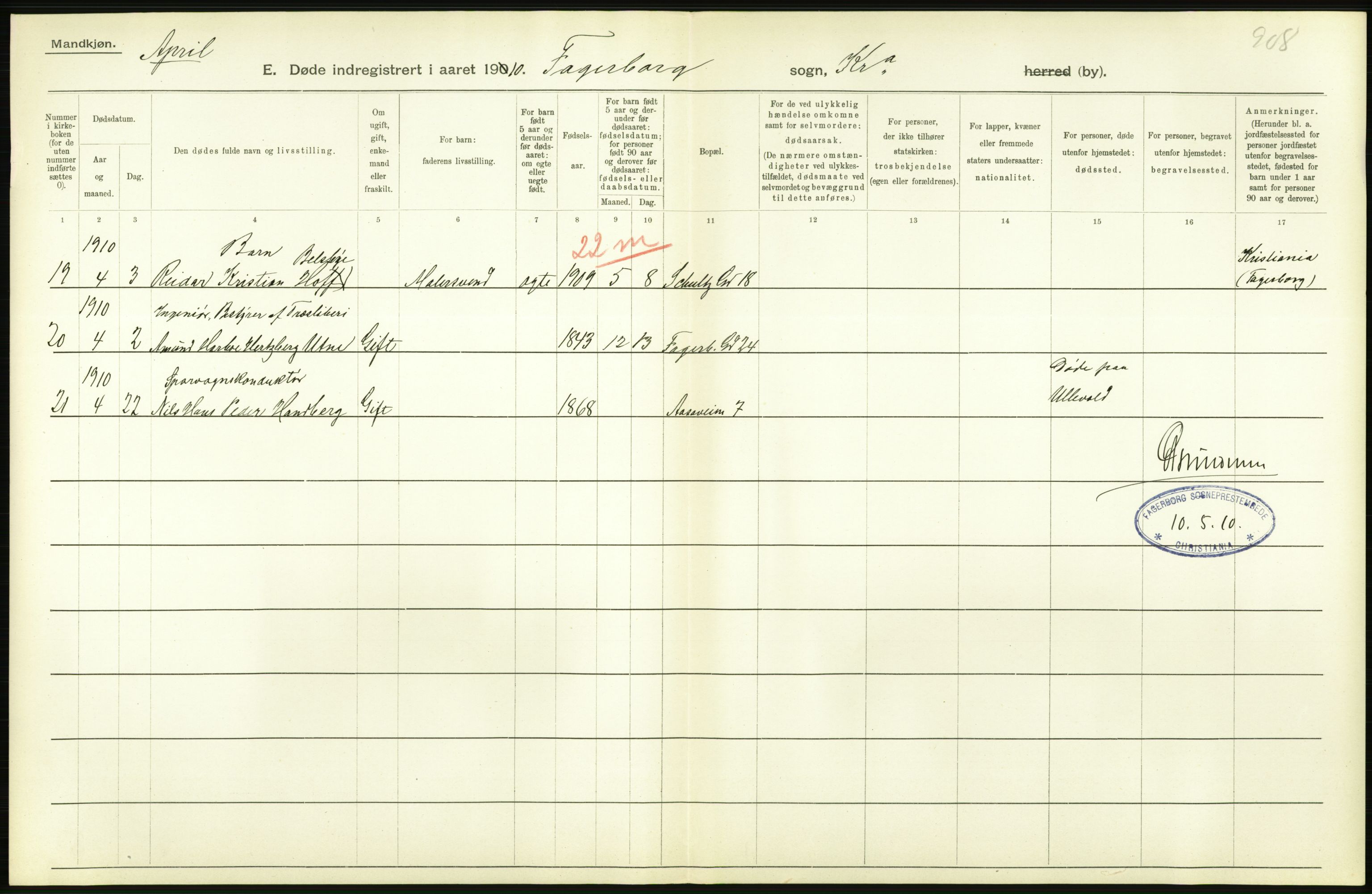 Statistisk sentralbyrå, Sosiodemografiske emner, Befolkning, AV/RA-S-2228/D/Df/Dfa/Dfah/L0008: Kristiania: Døde, 1910, s. 884