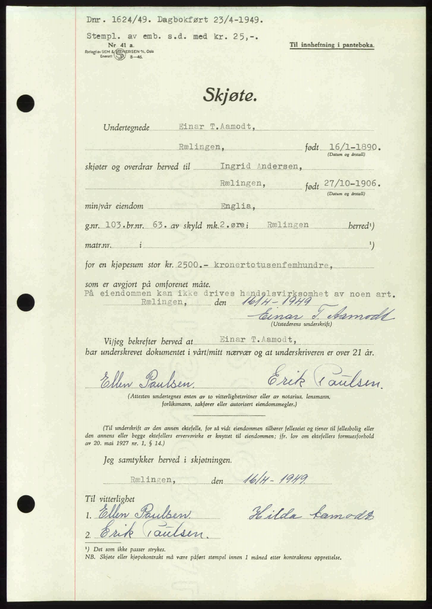 Nedre Romerike sorenskriveri, SAO/A-10469/G/Gb/Gbd/L0025: Pantebok nr. 25, 1949-1949, Dagboknr: 1624/1949