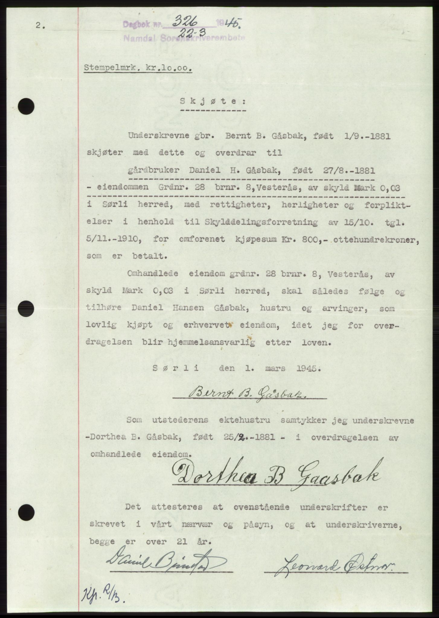 Namdal sorenskriveri, SAT/A-4133/1/2/2C: Pantebok nr. -, 1944-1945, Dagboknr: 326/1945