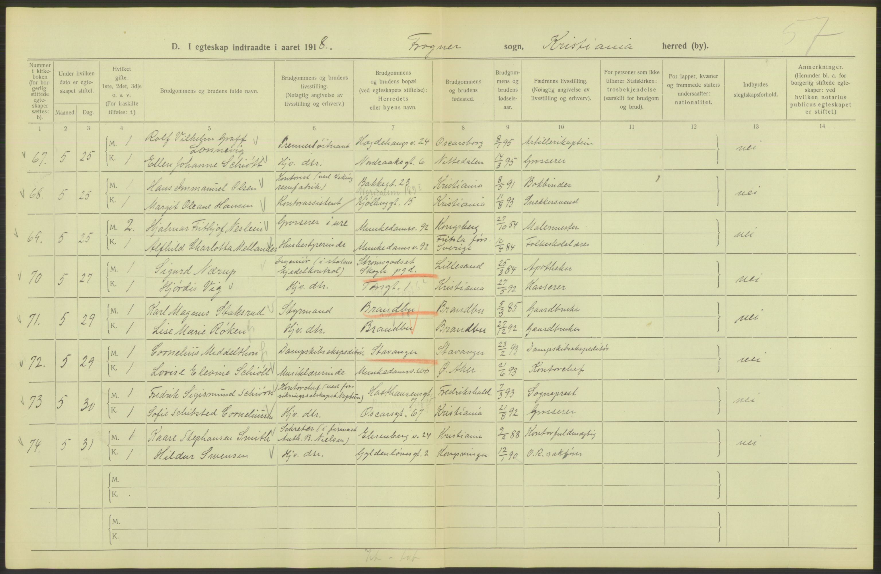 Statistisk sentralbyrå, Sosiodemografiske emner, Befolkning, AV/RA-S-2228/D/Df/Dfb/Dfbh/L0009: Kristiania: Gifte, 1918, s. 142