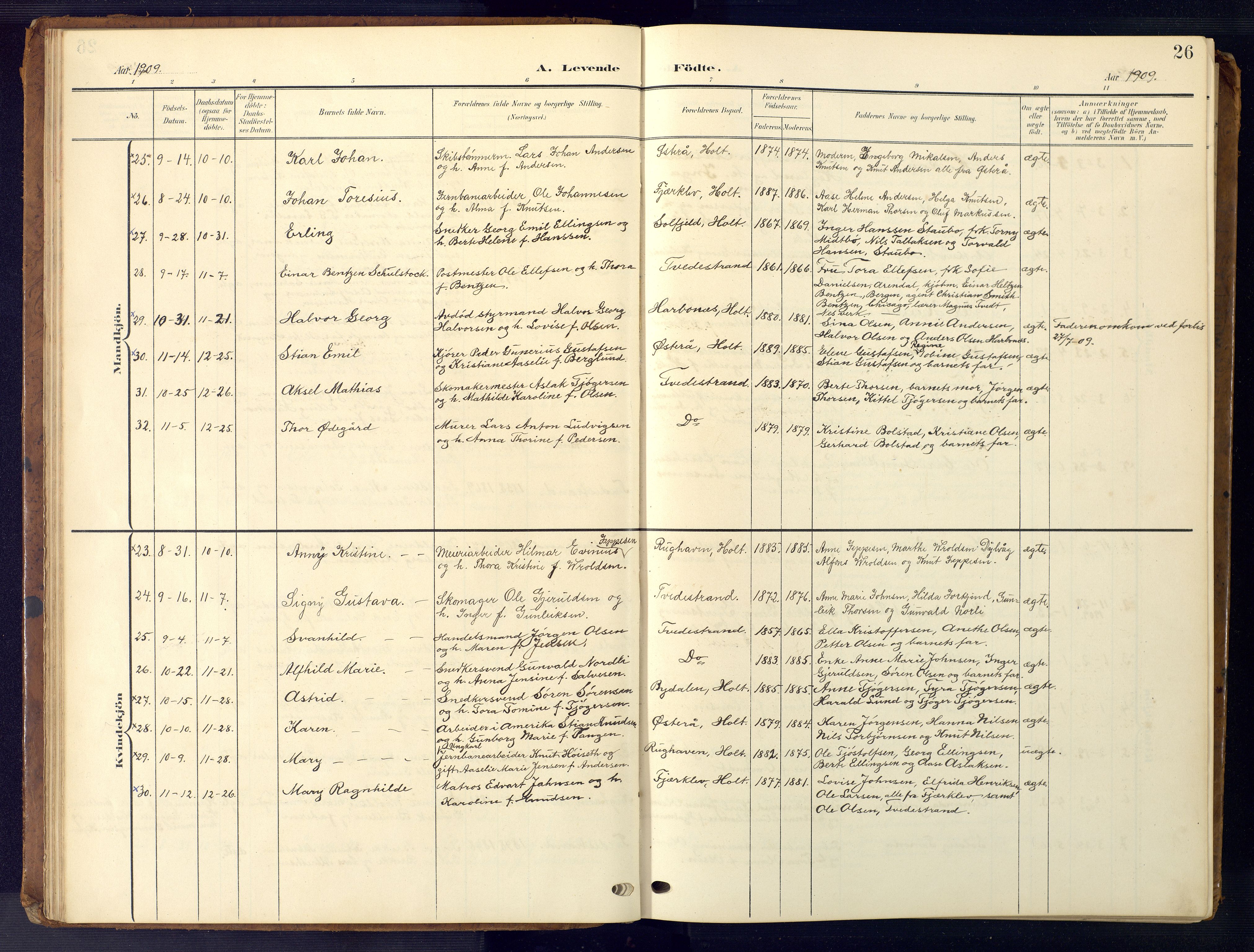 Tvedestrand sokneprestkontor, AV/SAK-1111-0042/F/Fb/L0001: Klokkerbok nr. B 1, 1902-1956, s. 26