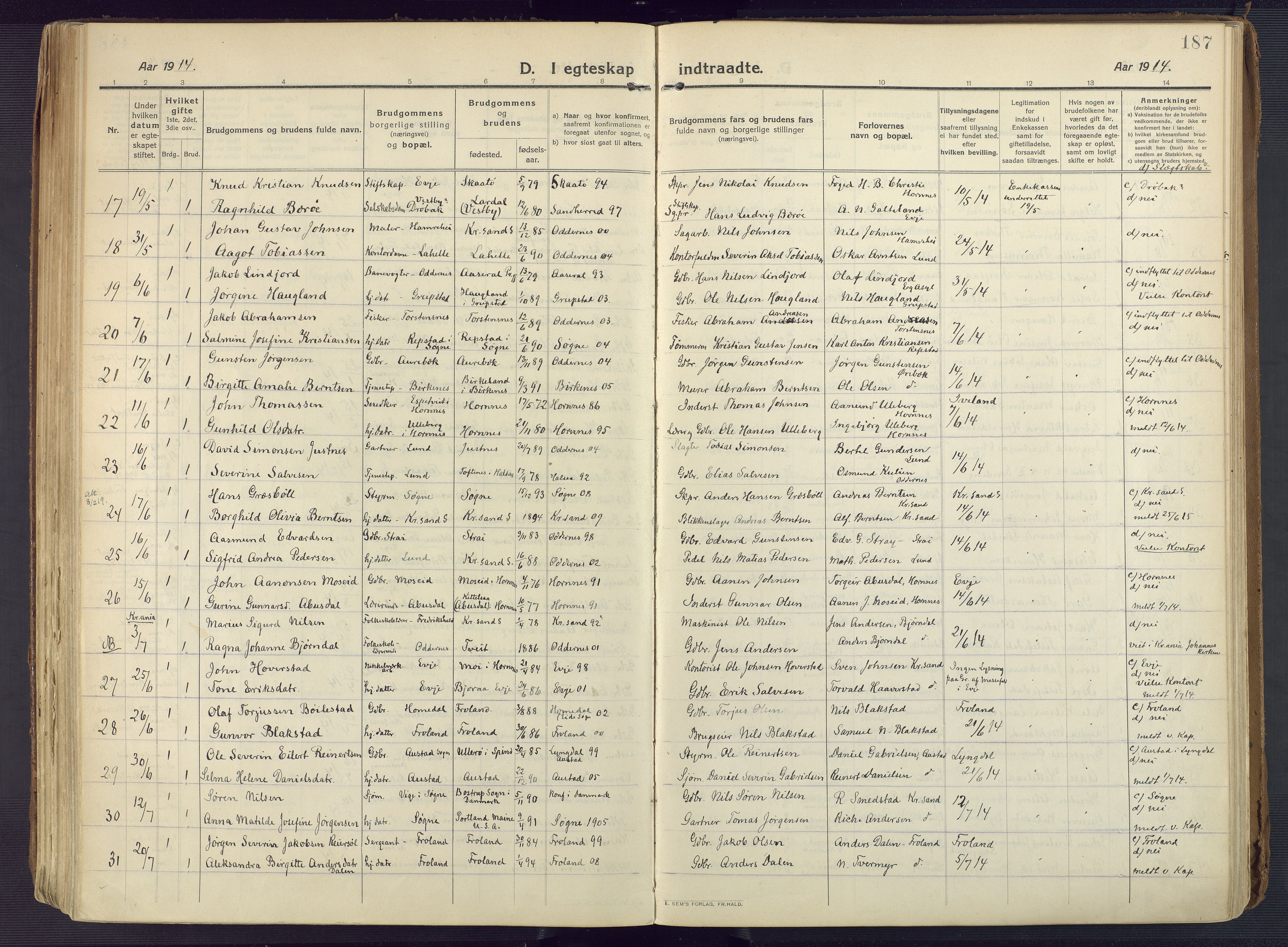 Oddernes sokneprestkontor, SAK/1111-0033/F/Fa/Faa/L0012: Ministerialbok nr. A 12, 1912-1925, s. 187