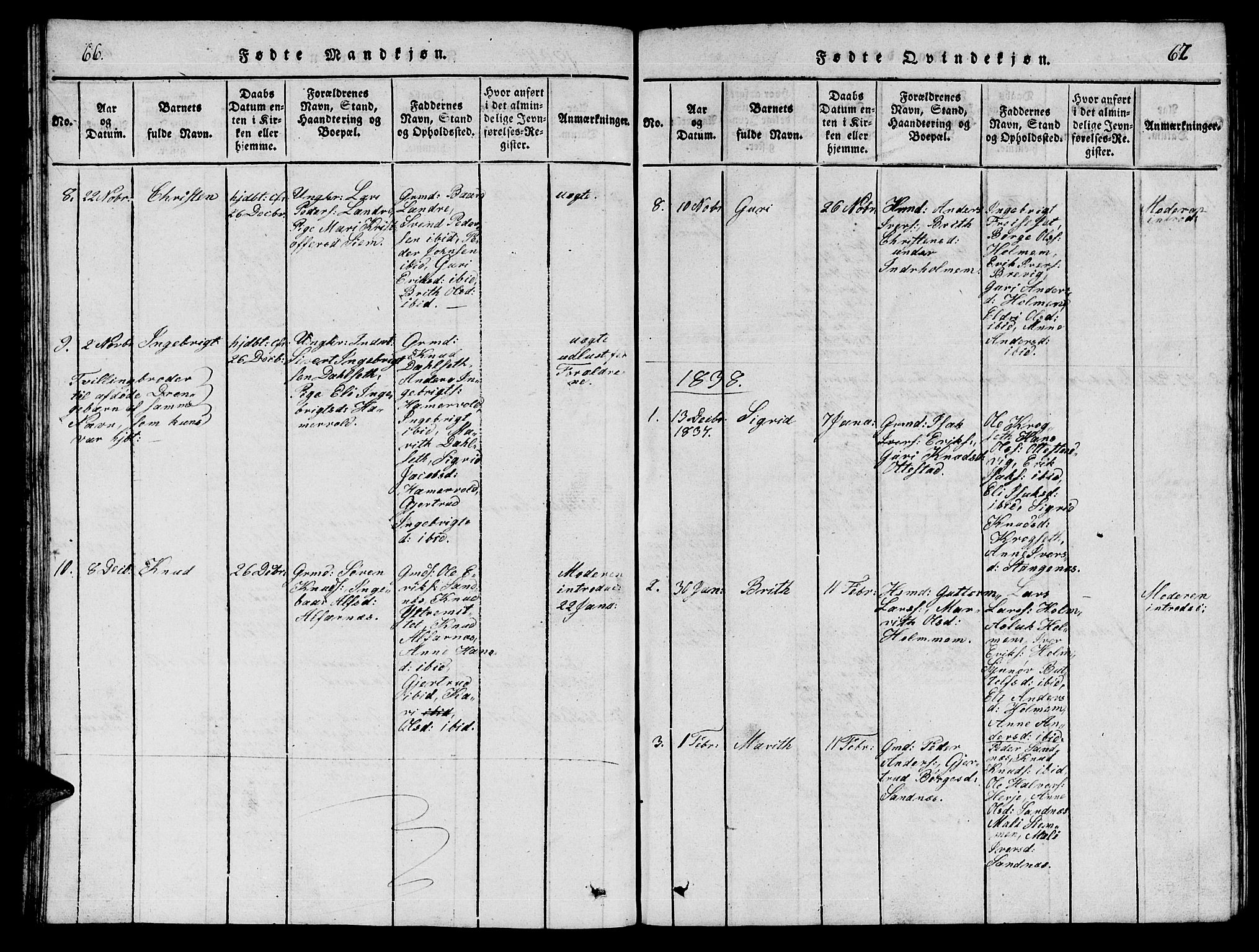 Ministerialprotokoller, klokkerbøker og fødselsregistre - Møre og Romsdal, AV/SAT-A-1454/548/L0613: Klokkerbok nr. 548C01, 1818-1846, s. 66-67