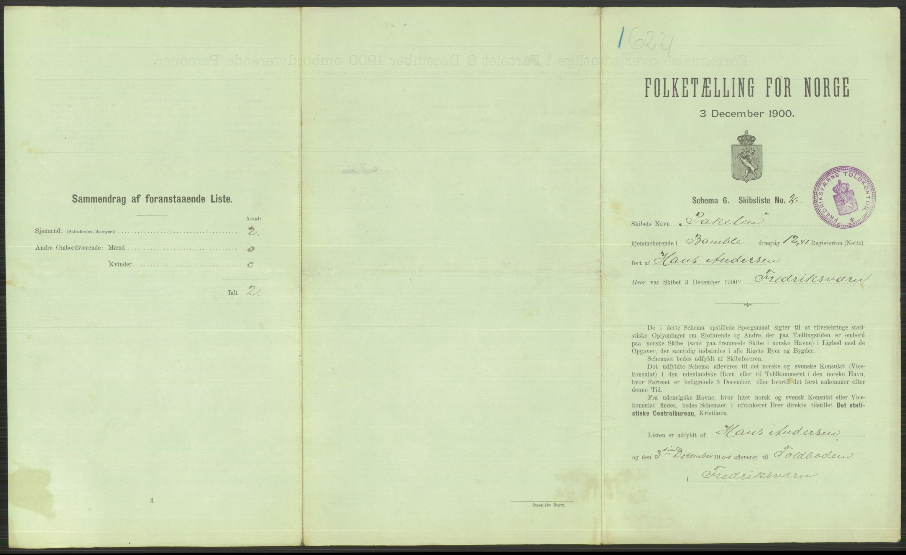 RA, Folketelling 1900 - skipslister med personlister for skip i norske havner, utenlandske havner og til havs, 1900, s. 509