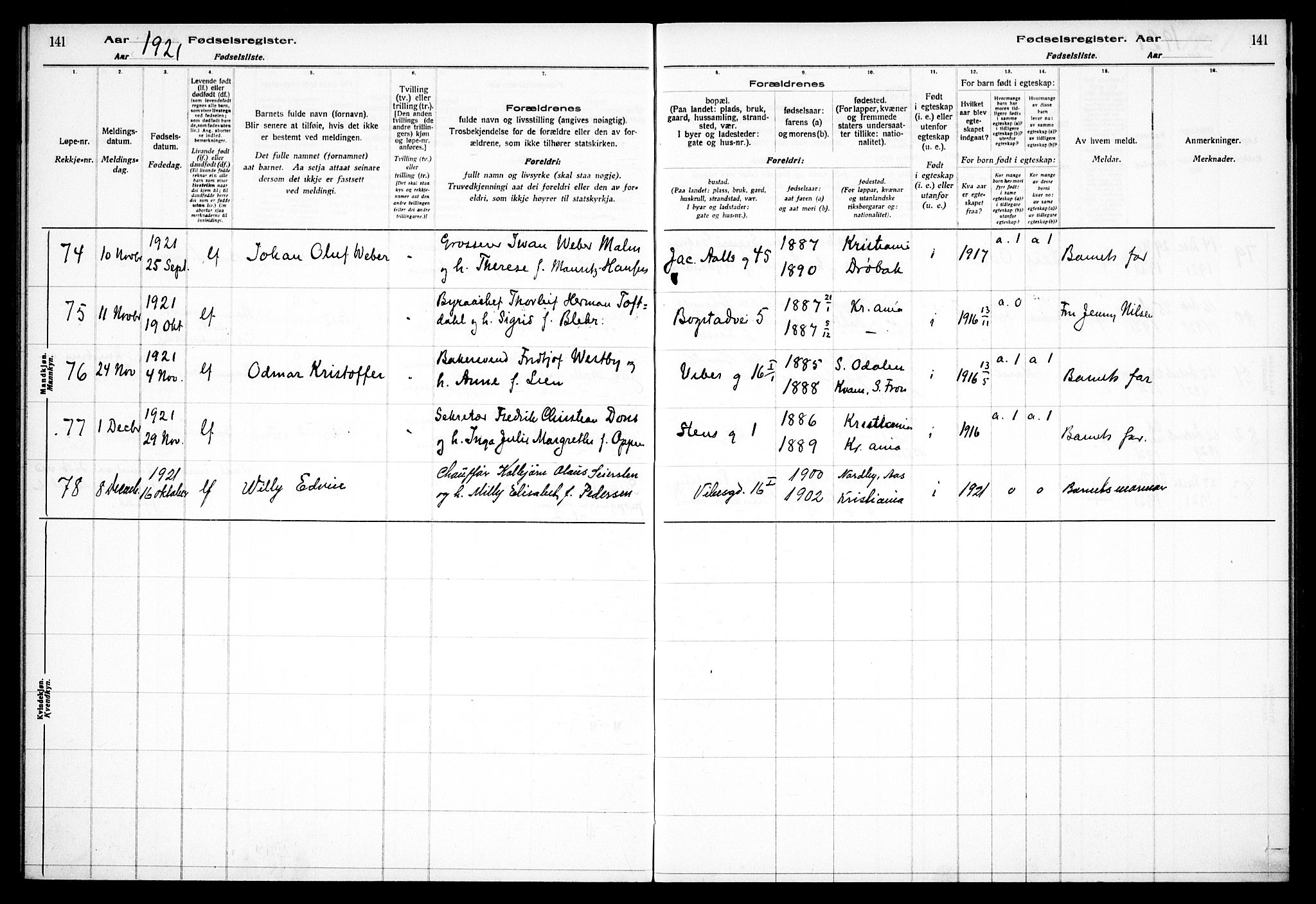 Fagerborg prestekontor Kirkebøker, AV/SAO-A-10844/J/Ja/L0001: Fødselsregister nr. 1, 1916-1925, s. 141