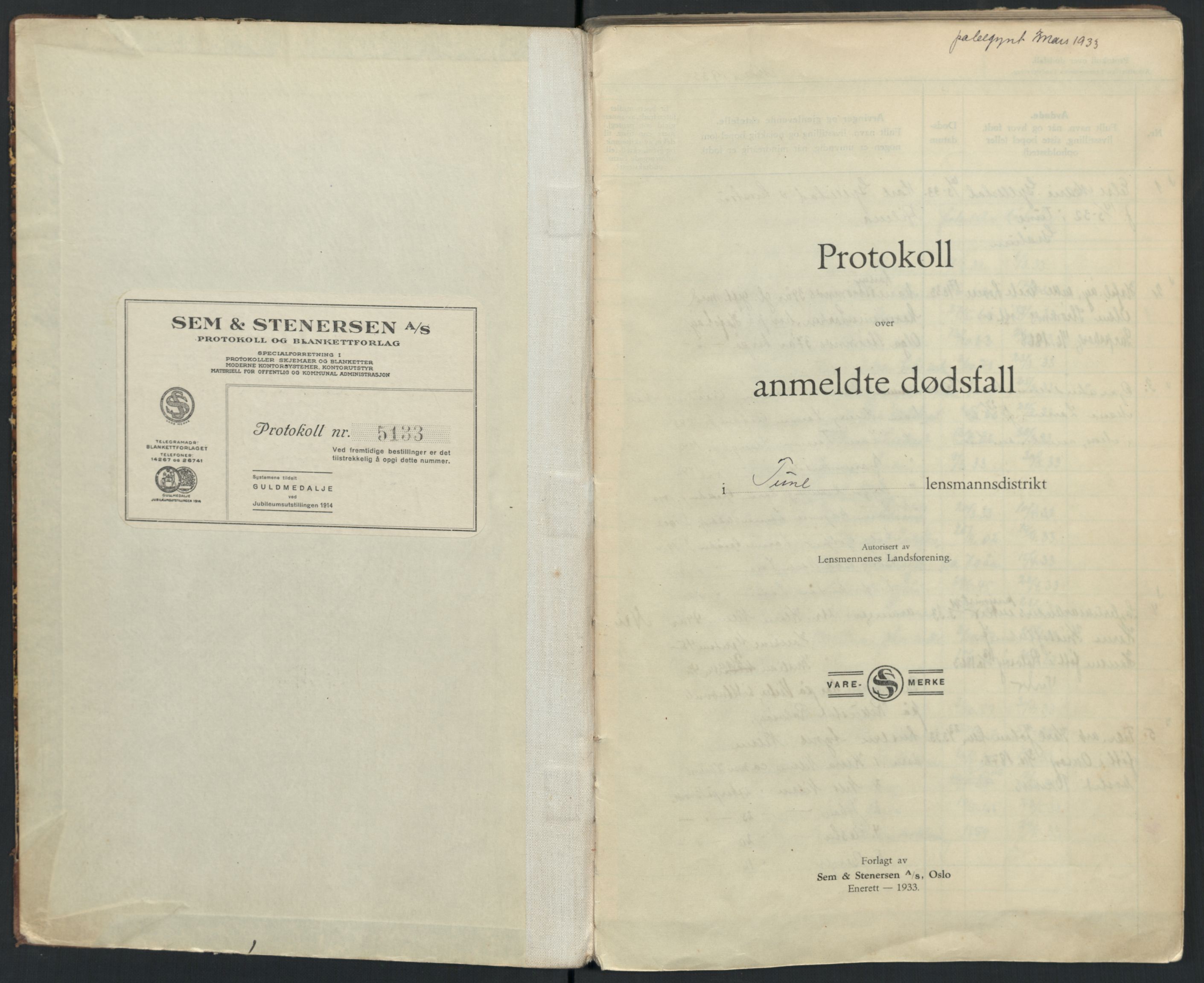 Tune lensmannskontor, SAO/A-10104/H/Ha/L0003: Dødsfallsprotokoll, 1933-1939