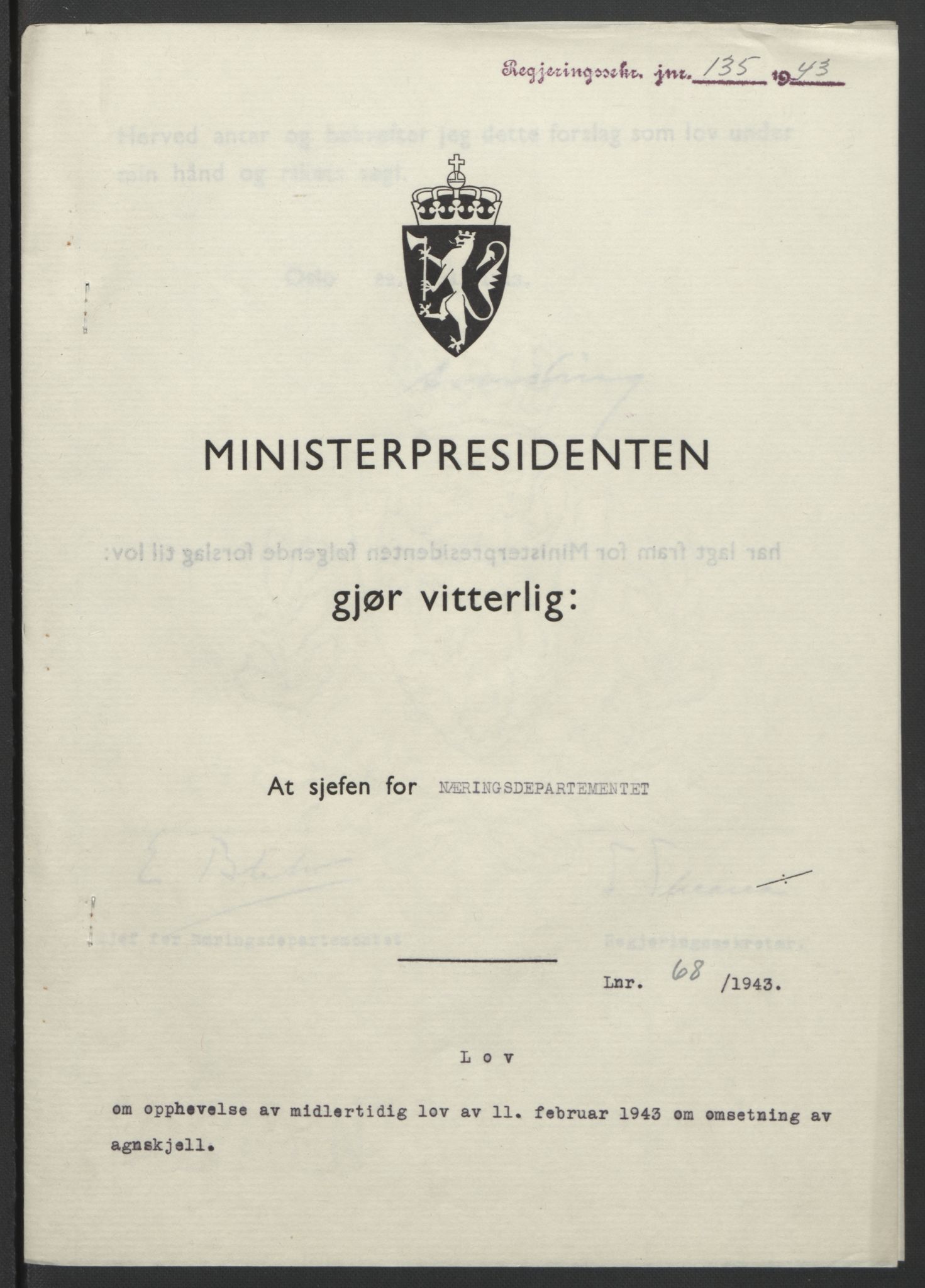 NS-administrasjonen 1940-1945 (Statsrådsekretariatet, de kommisariske statsråder mm), AV/RA-S-4279/D/Db/L0099: Lover, 1943, s. 312