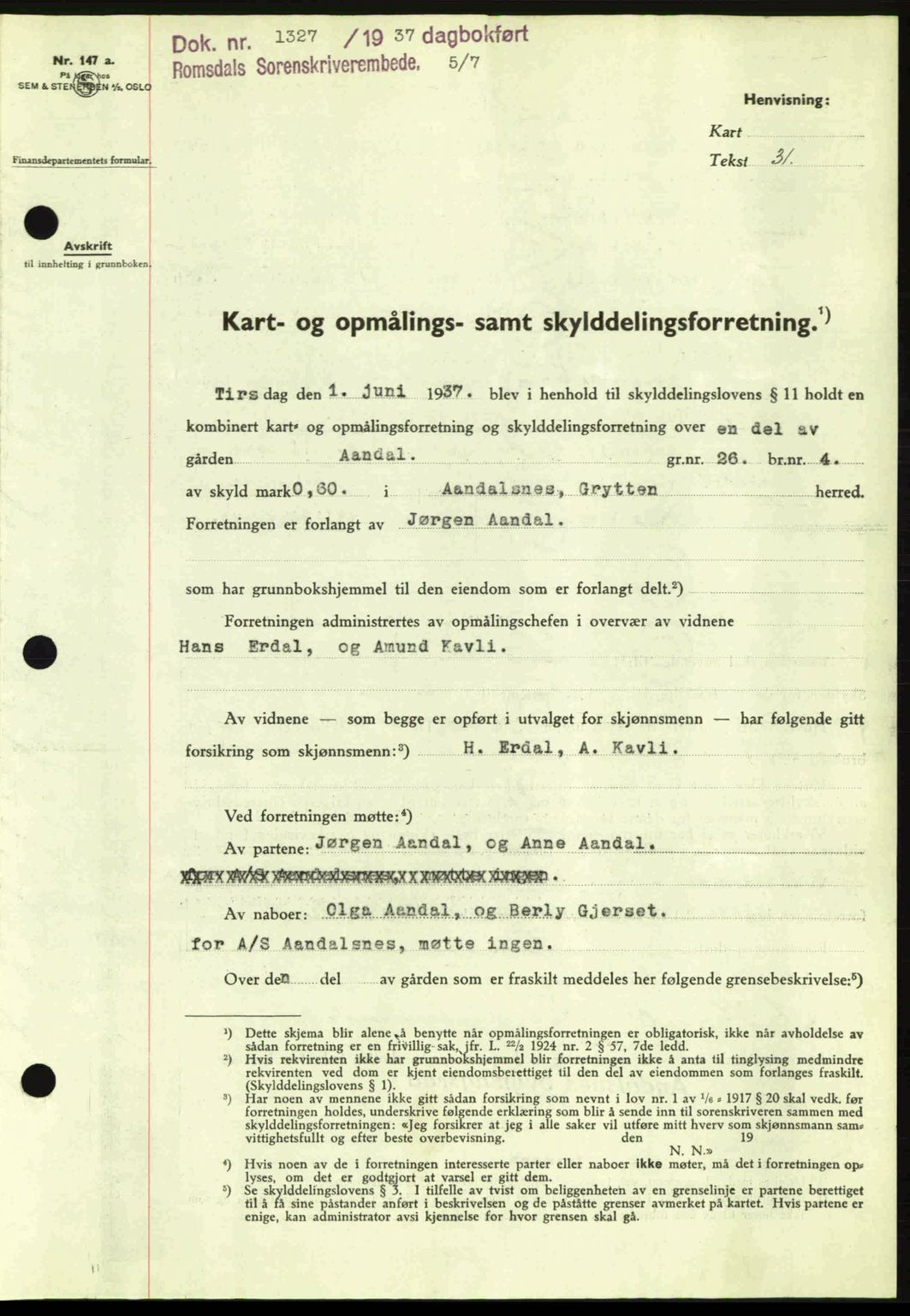 Romsdal sorenskriveri, SAT/A-4149/1/2/2C: Pantebok nr. A3, 1937-1937, Dagboknr: 1327/1937