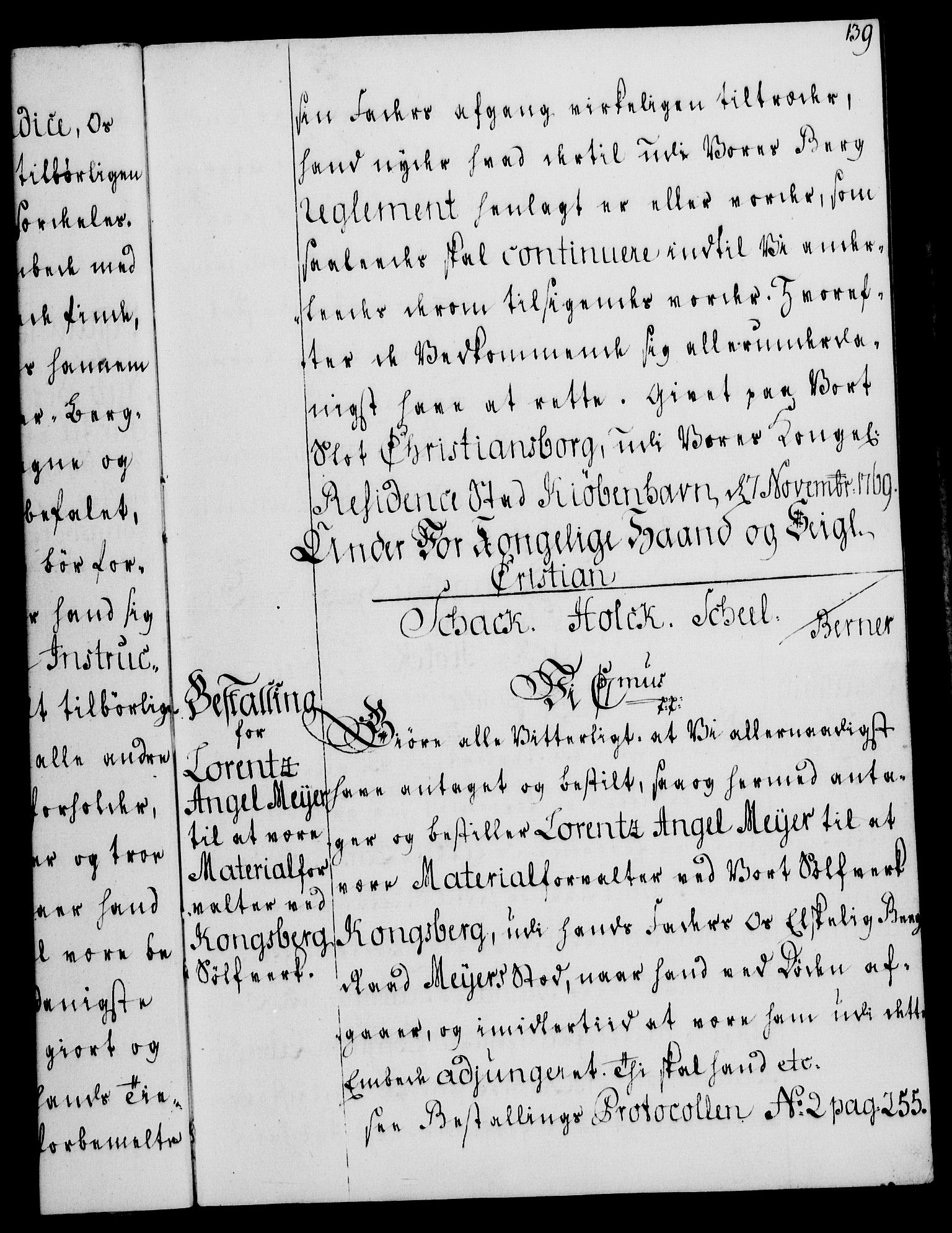 Rentekammeret, Kammerkanselliet, RA/EA-3111/G/Gg/Gge/L0004: Norsk bestallingsprotokoll med register (merket RK 53.28), 1762-1771, s. 139