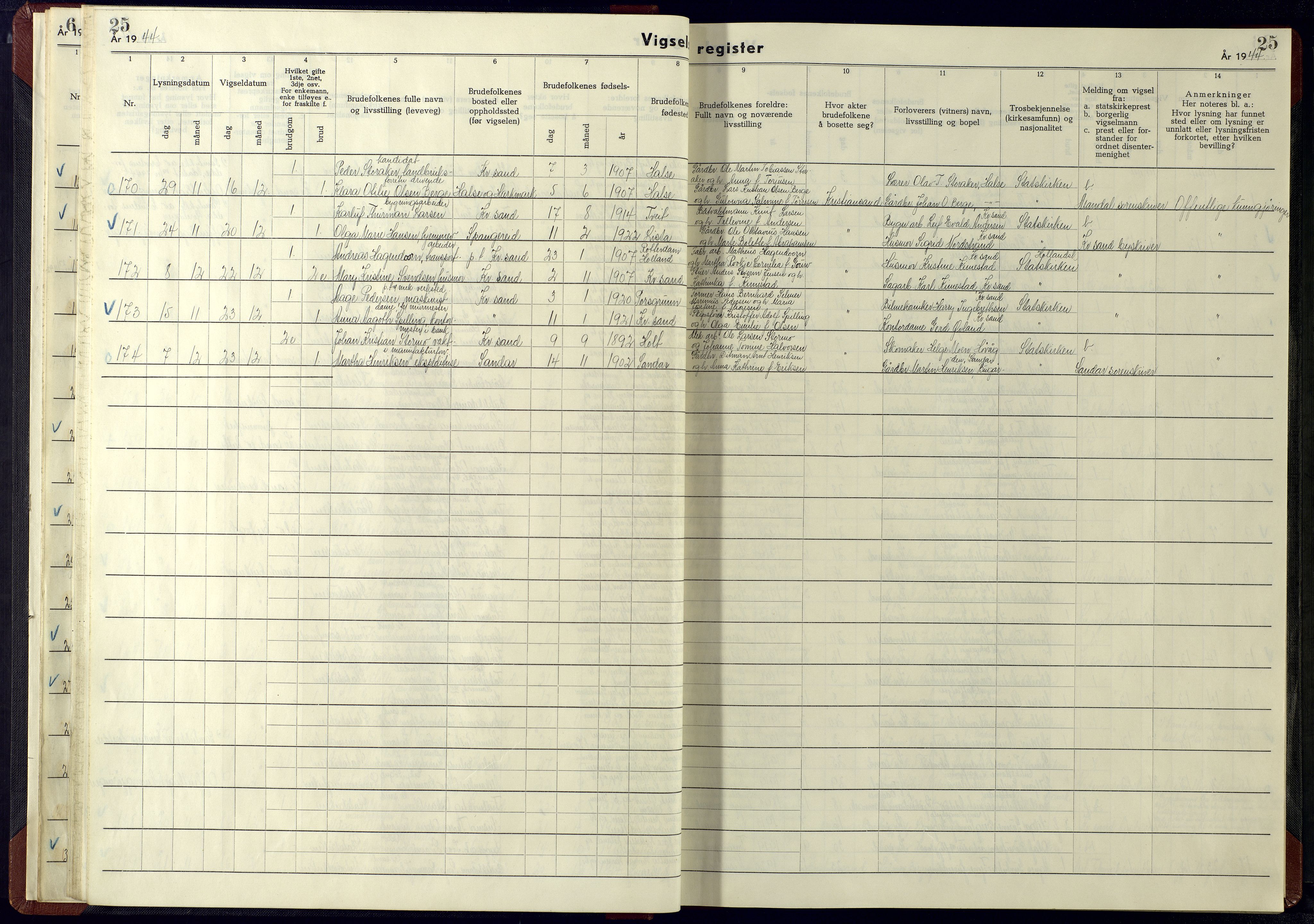 Kristiansand domprosti, AV/SAK-1112-0006/J/Ja/L0003: Vigselsregister nr. A-VI-15, 1942-1945, s. 25