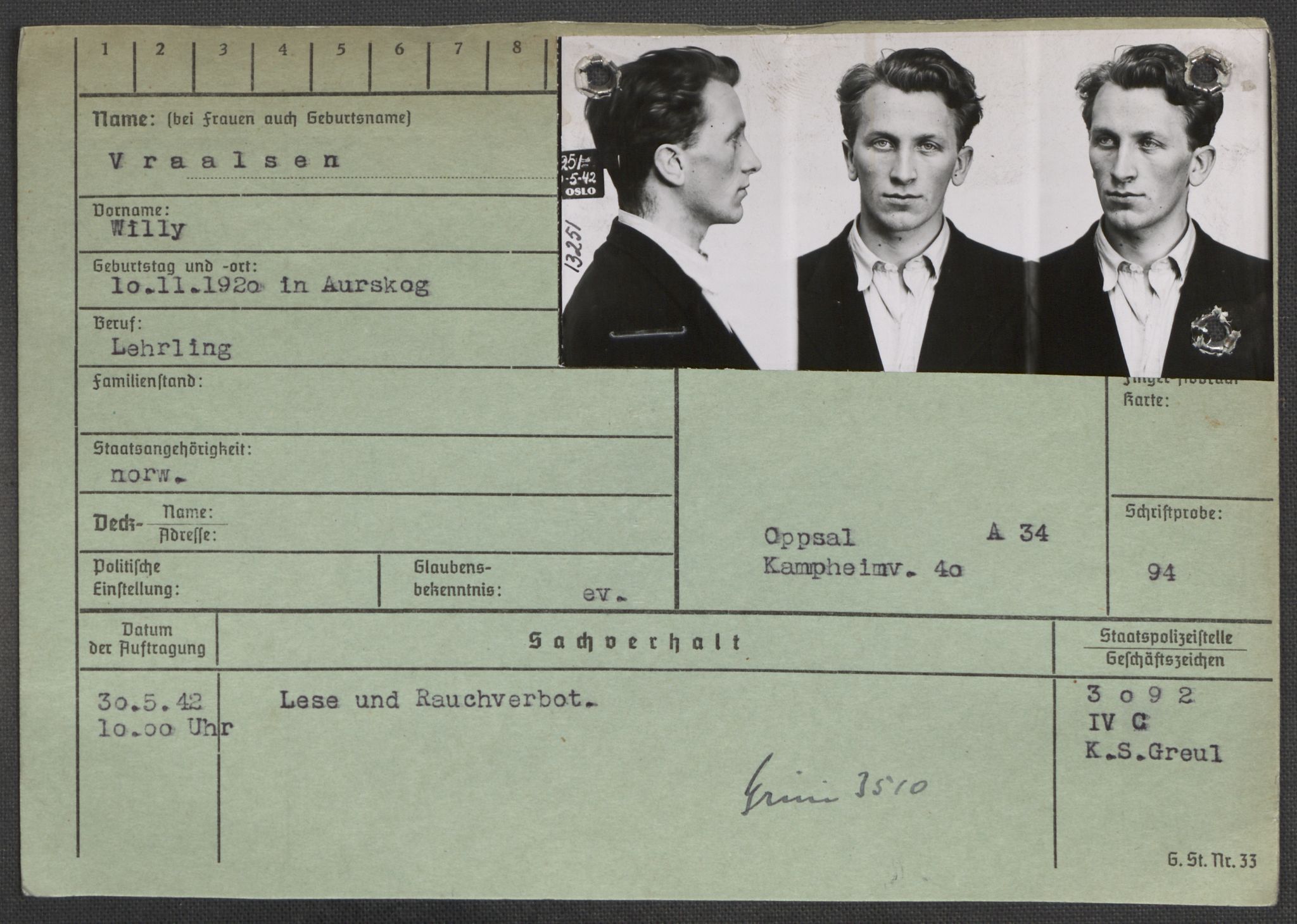 Befehlshaber der Sicherheitspolizei und des SD, RA/RAFA-5969/E/Ea/Eaa/L0010: Register over norske fanger i Møllergata 19: Sø-Å, 1940-1945, s. 822