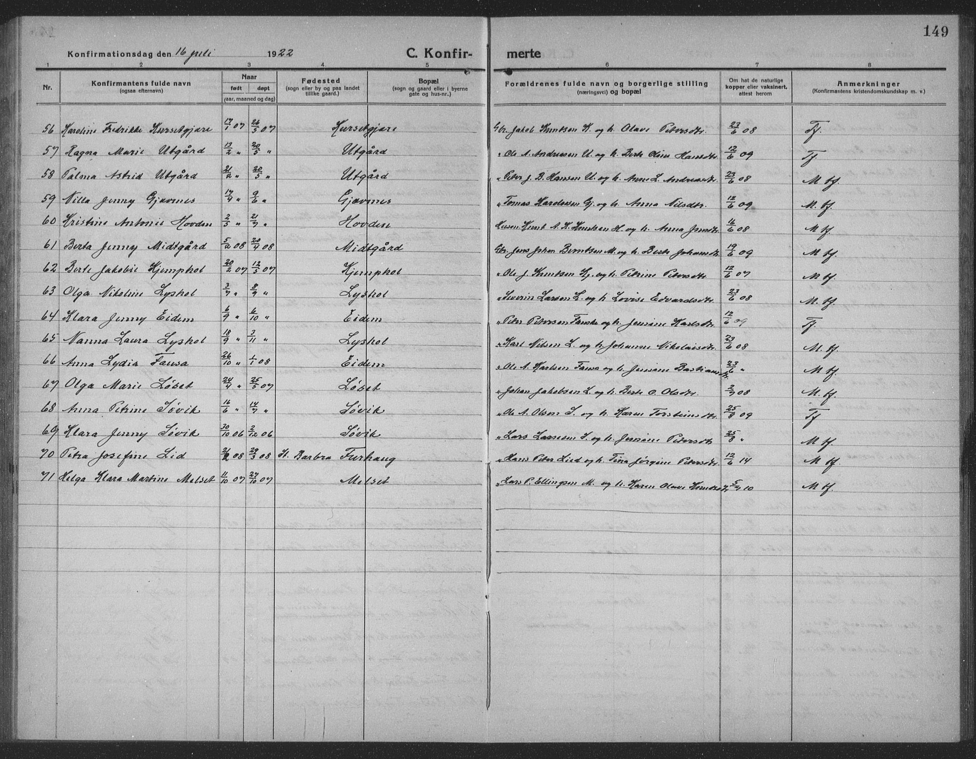 Ministerialprotokoller, klokkerbøker og fødselsregistre - Møre og Romsdal, AV/SAT-A-1454/523/L0342: Klokkerbok nr. 523C05, 1916-1937, s. 149