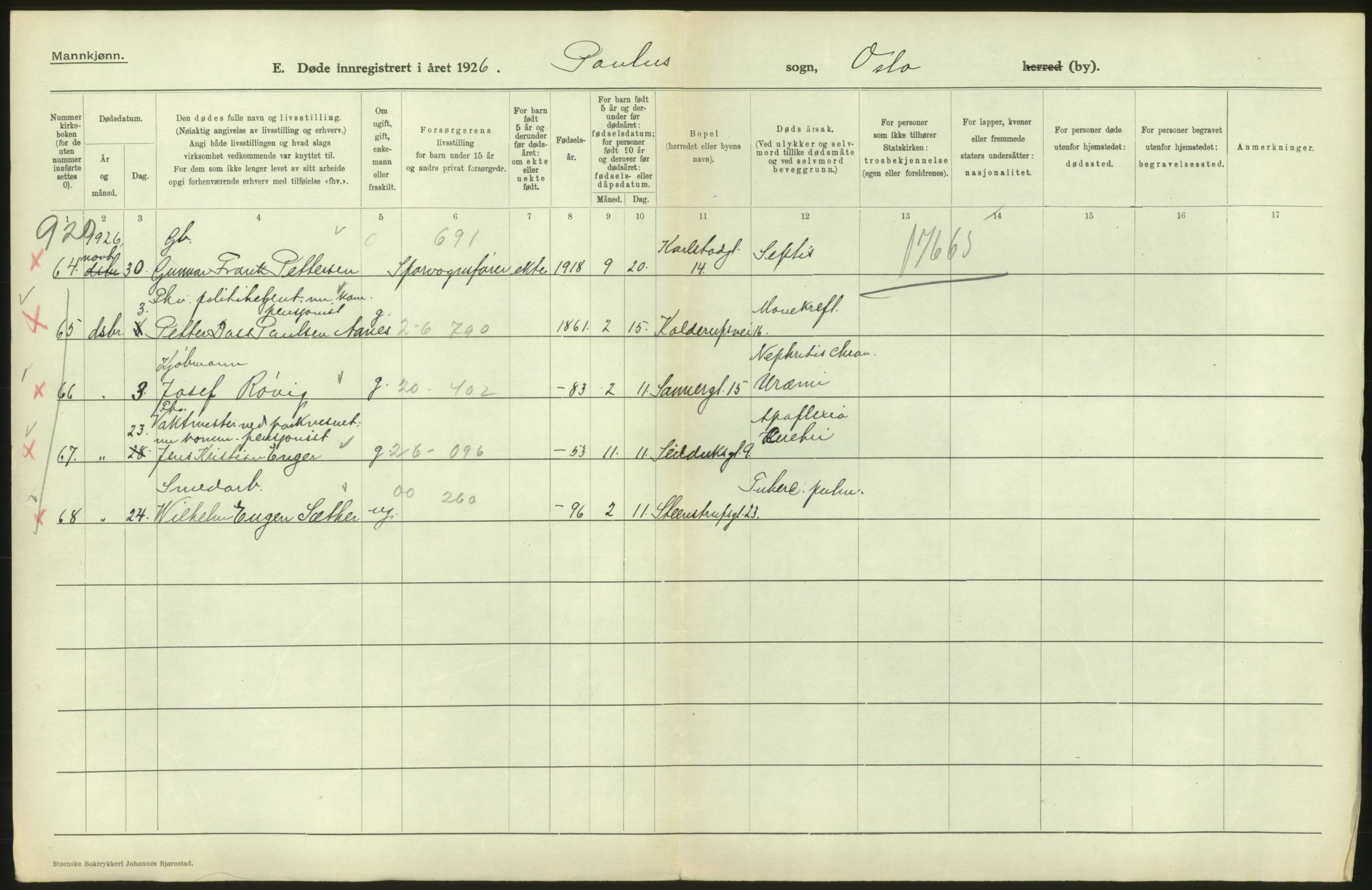 Statistisk sentralbyrå, Sosiodemografiske emner, Befolkning, AV/RA-S-2228/D/Df/Dfc/Dfcf/L0009: Oslo: Døde menn, 1926, s. 264