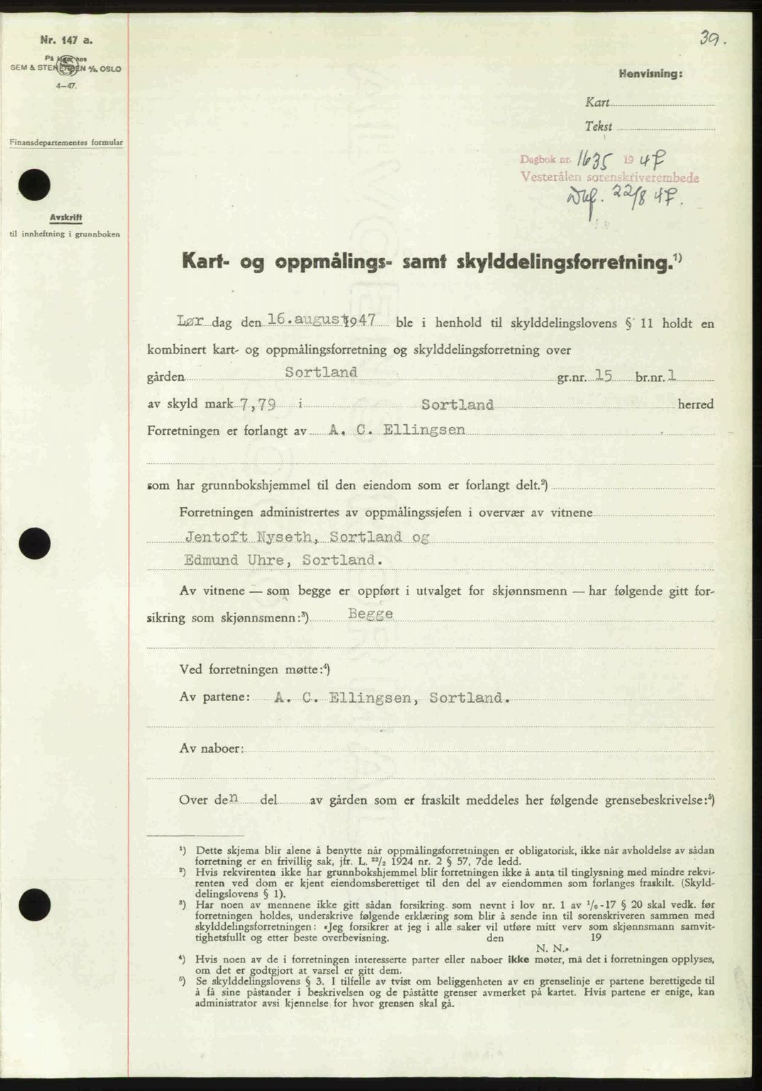 Vesterålen sorenskriveri, SAT/A-4180/1/2/2Ca: Pantebok nr. A21, 1947-1947, Dagboknr: 1635/1947