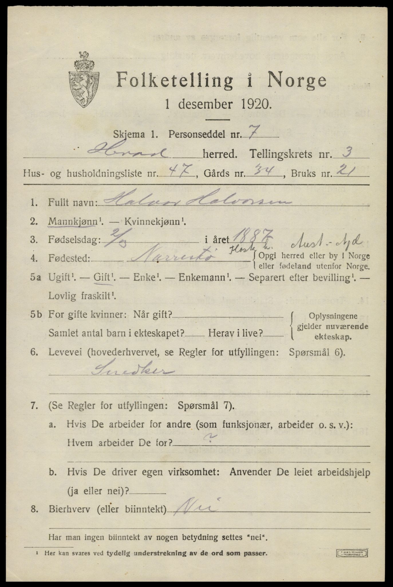 SAK, Folketelling 1920 for 1039 Herad herred, 1920, s. 1700