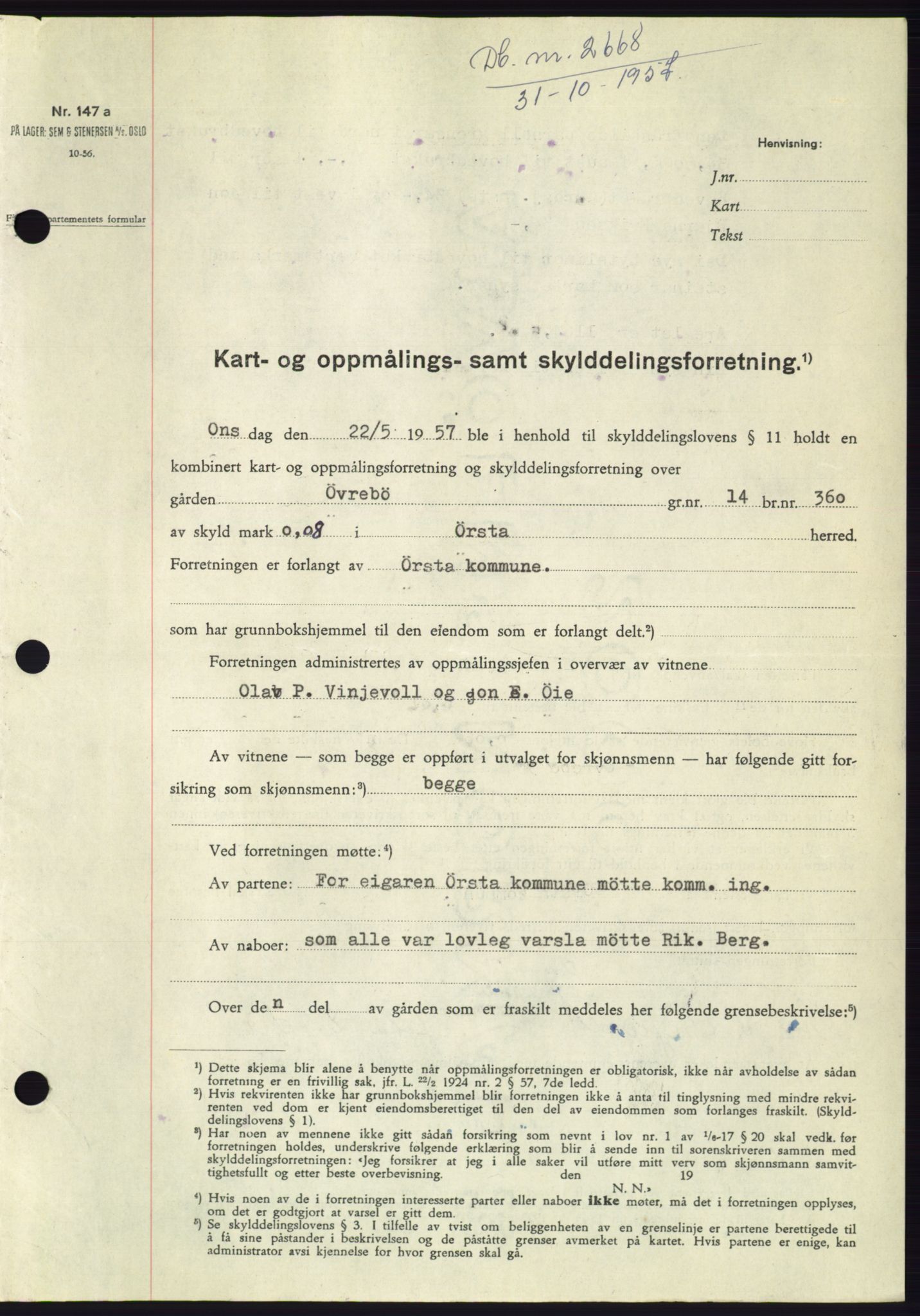 Søre Sunnmøre sorenskriveri, SAT/A-4122/1/2/2C/L0108: Pantebok nr. 34A, 1957-1958, Dagboknr: 2668/1957