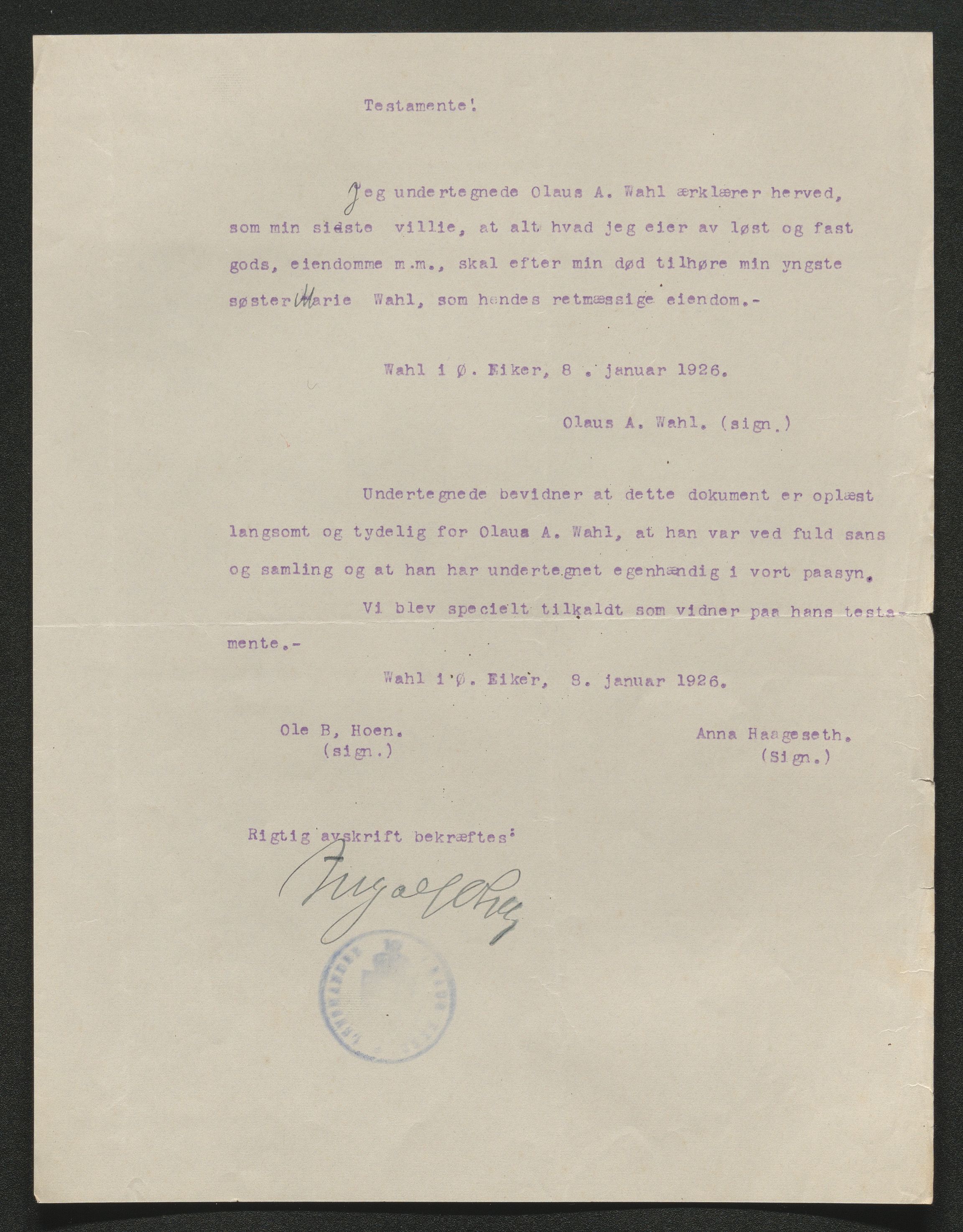 Eiker, Modum og Sigdal sorenskriveri, SAKO/A-123/H/Ha/Hab/L0044: Dødsfallsmeldinger, 1926-1927, s. 62